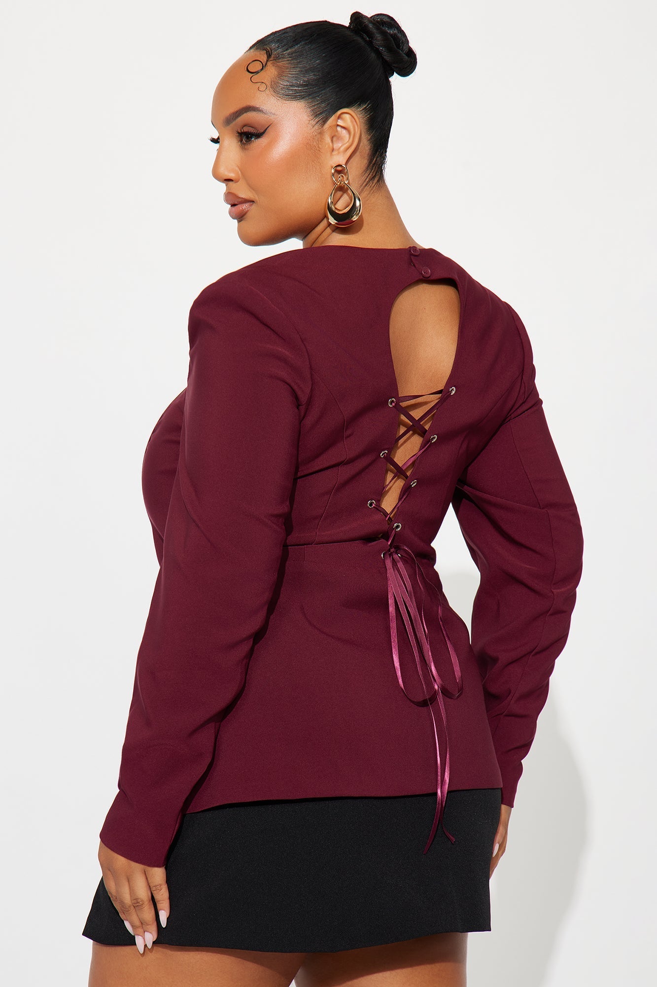 My Own Lane Shoulder Pads Lace Up Top - Burgundy