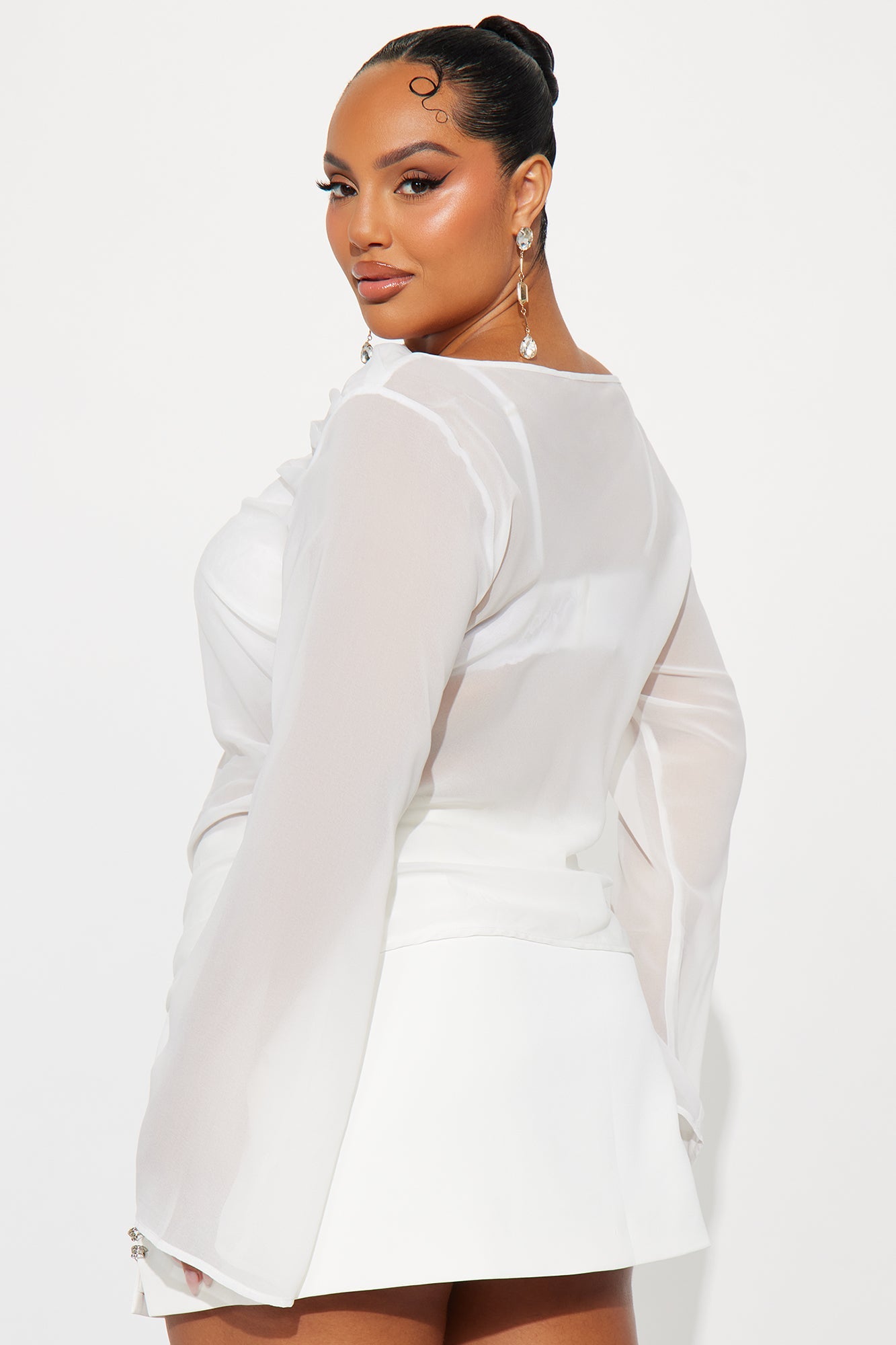 Venetian Date Ruched Sheer Chiffon Top - White