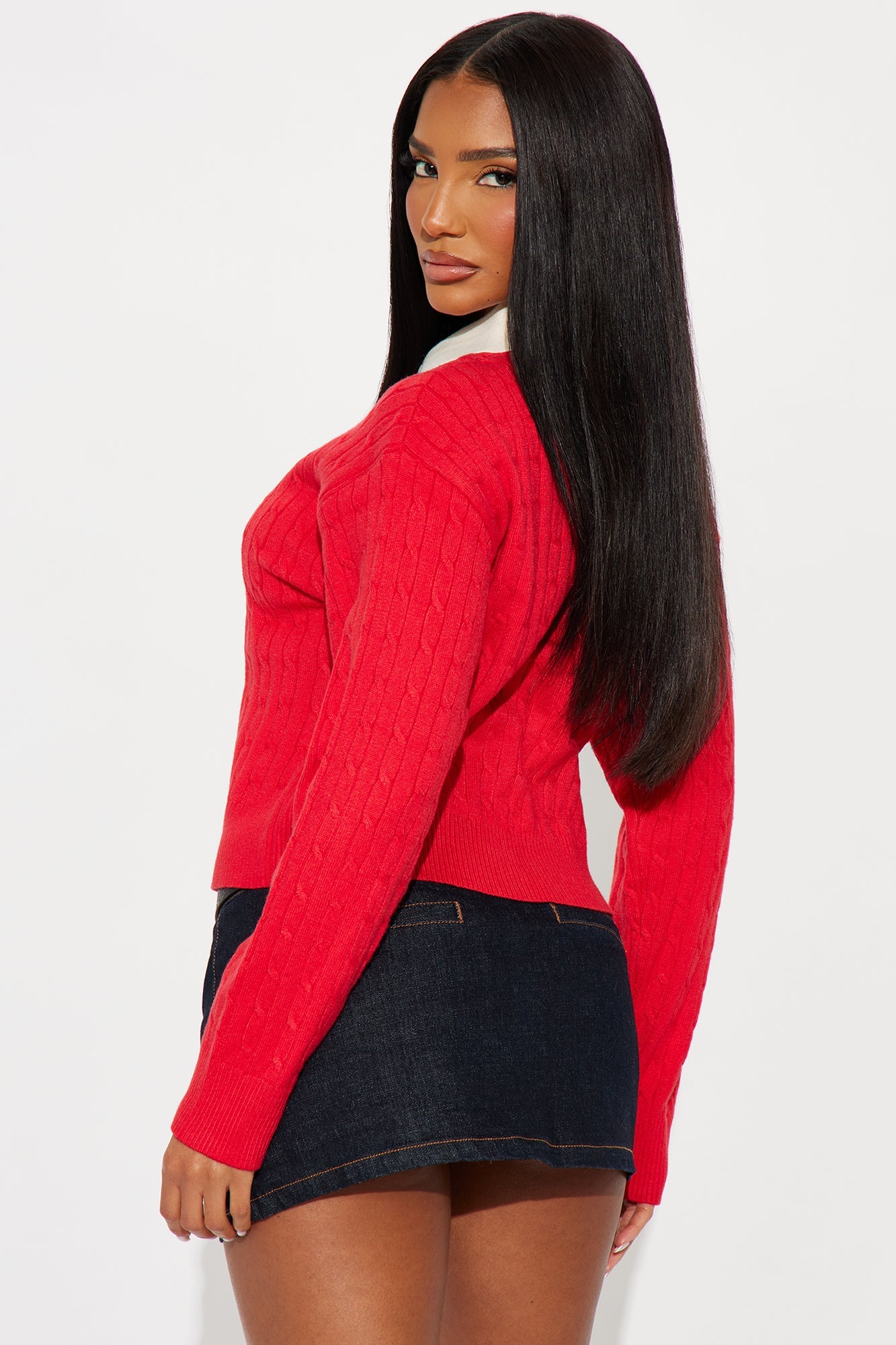 From The Start Cable Knit Polo Sweater - Red/White