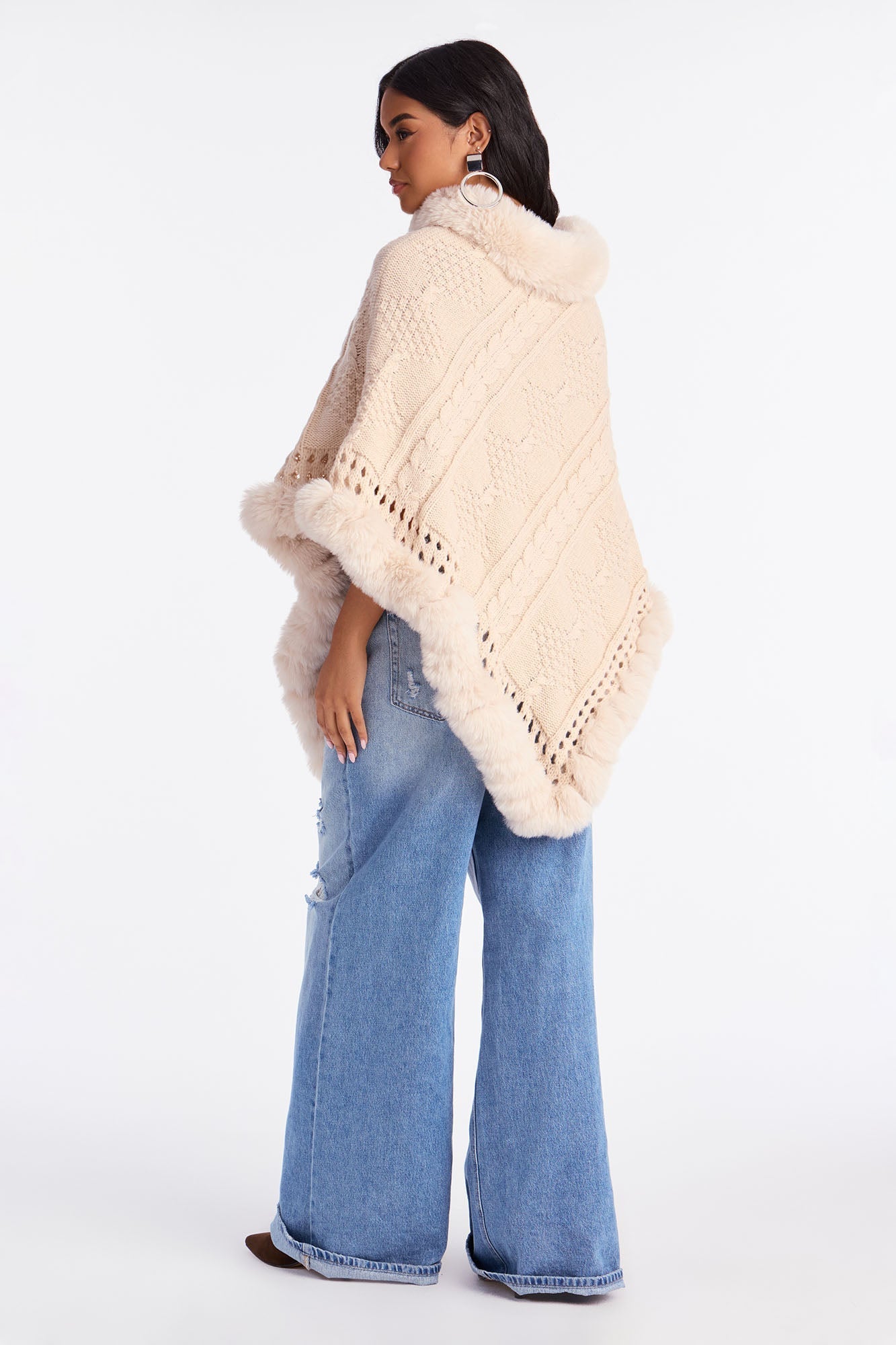 Wrapped Around You Faux Fur Trim Sweater Poncho - Cream