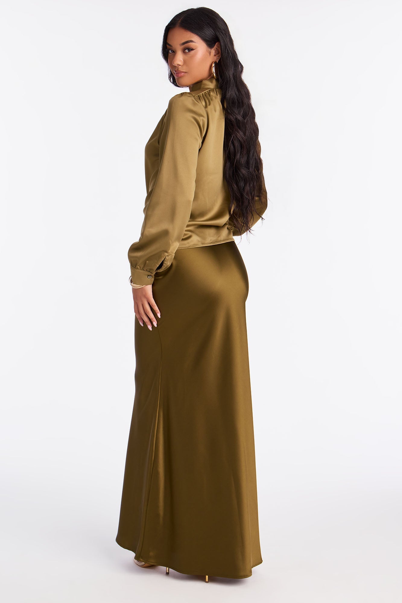 True Connections Neck Tie Satin Top - Olive
