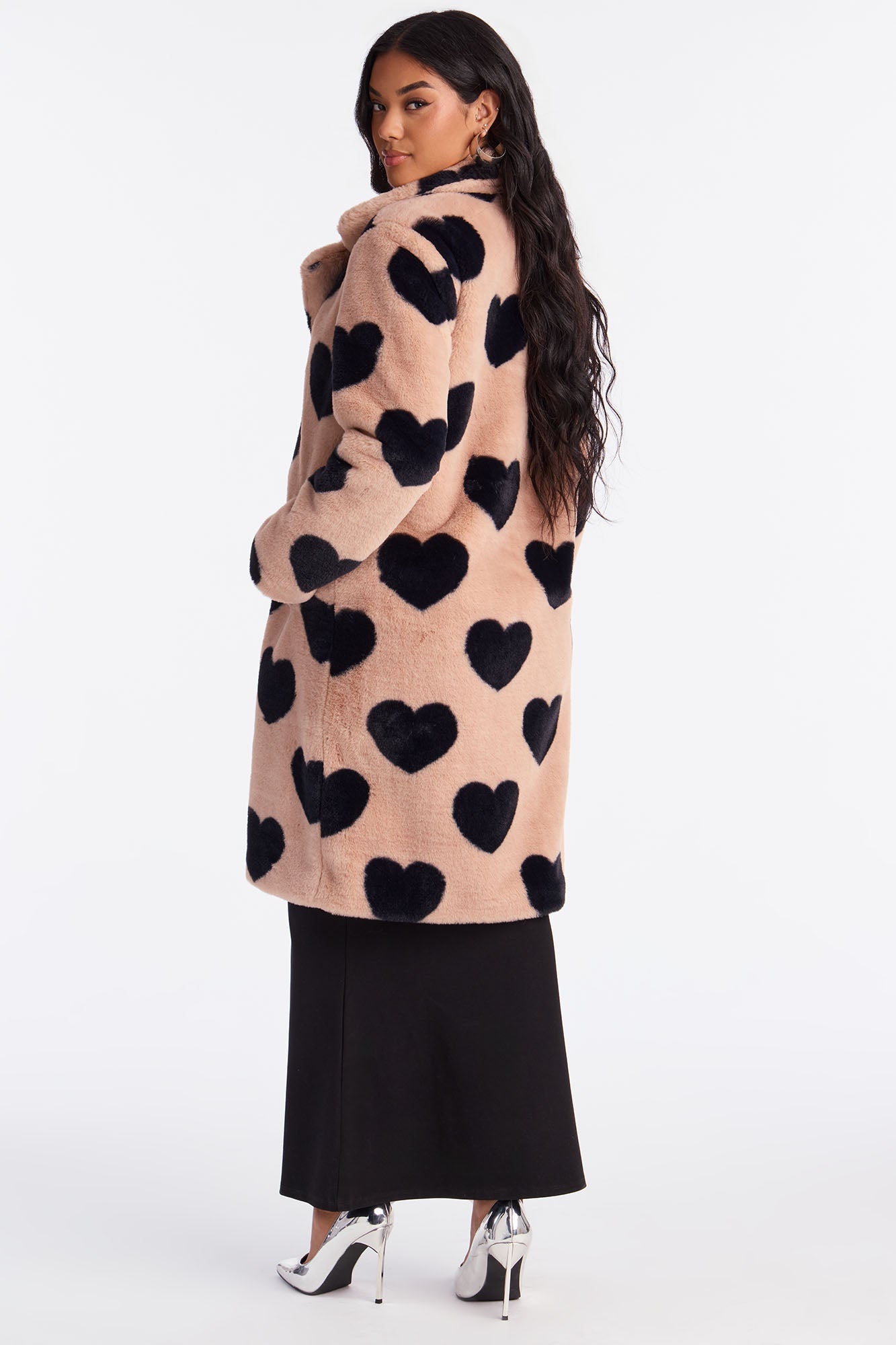 Lover Girl Faux Fur Heart Print Coat - Taupe/combo