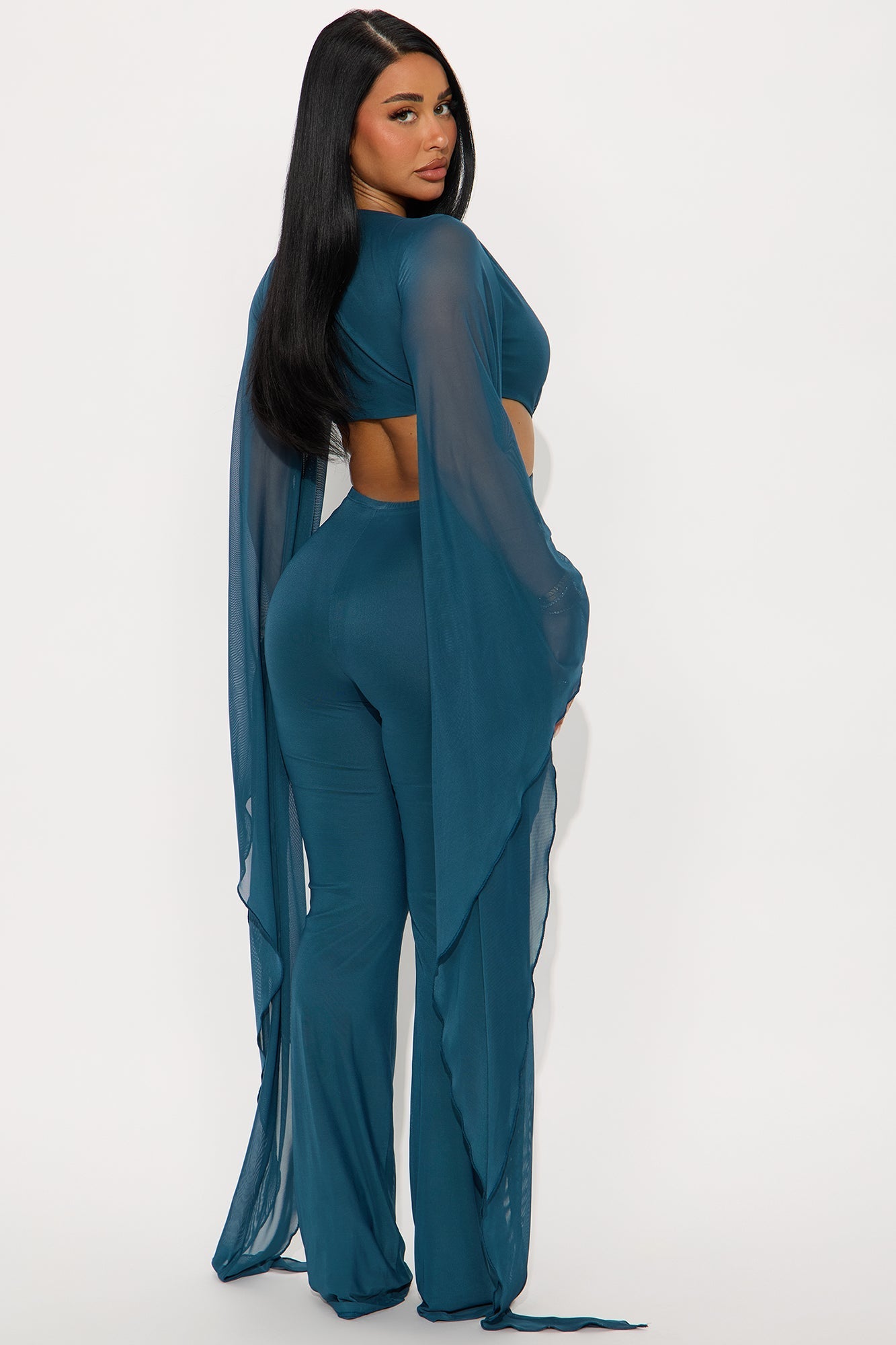 Baddie Energy Mesh Draped Jumpsuit - Teal