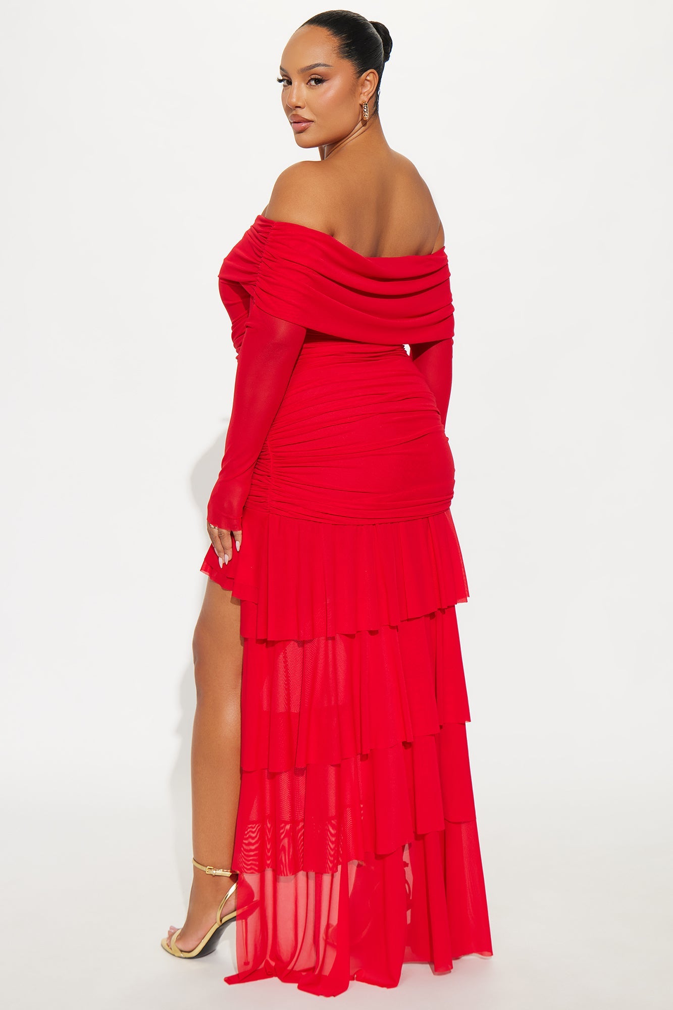 Naya Ruffle Asymmetrical Mesh Mini Dress - Red