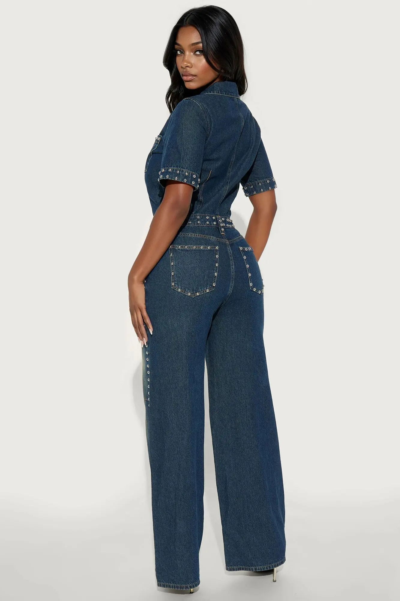 Rodeo Drive Studded Denim Jumpsuit - Dark Denim