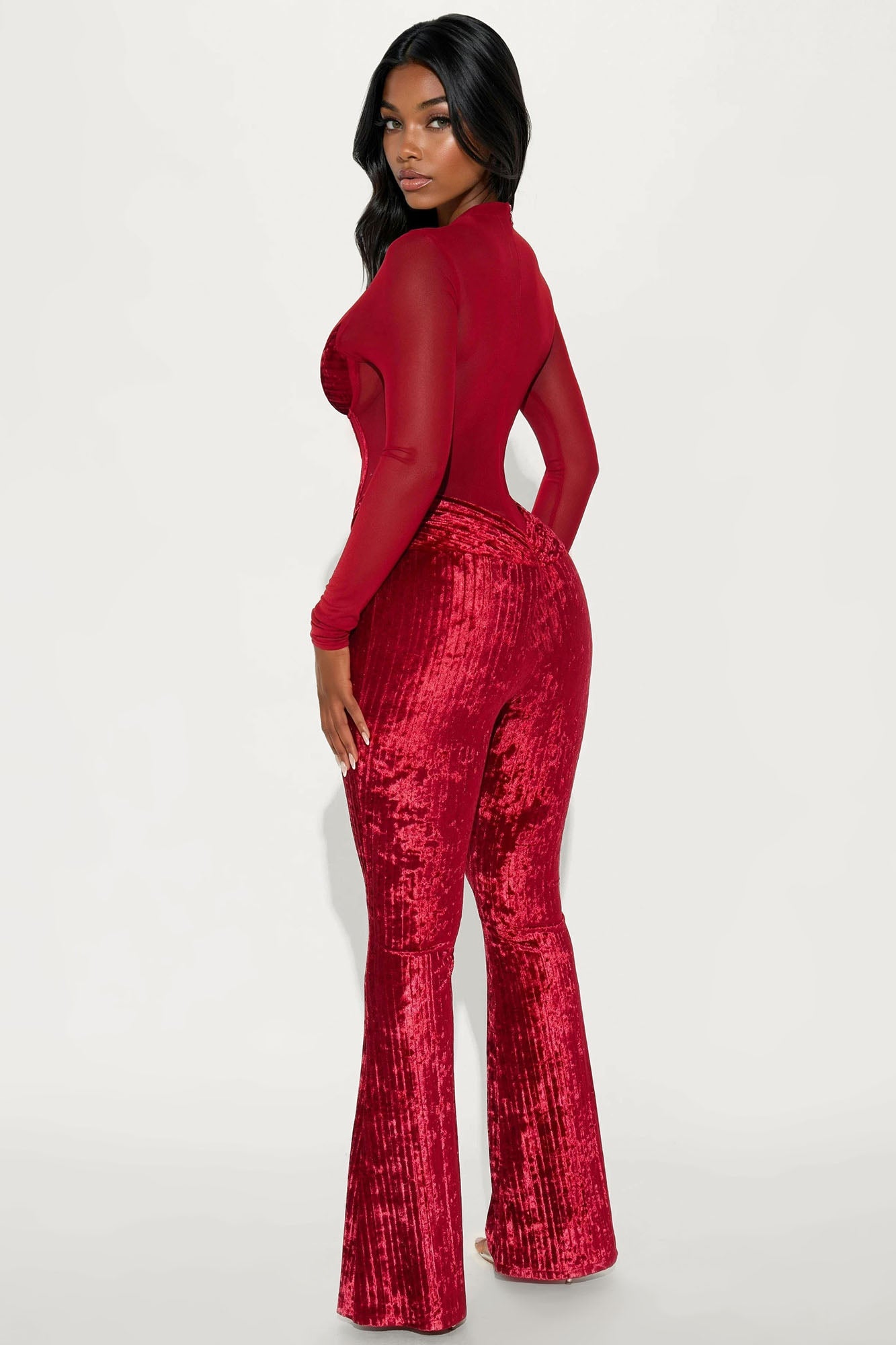 Miley Velvet Flare Leg Jumpsuit - Red