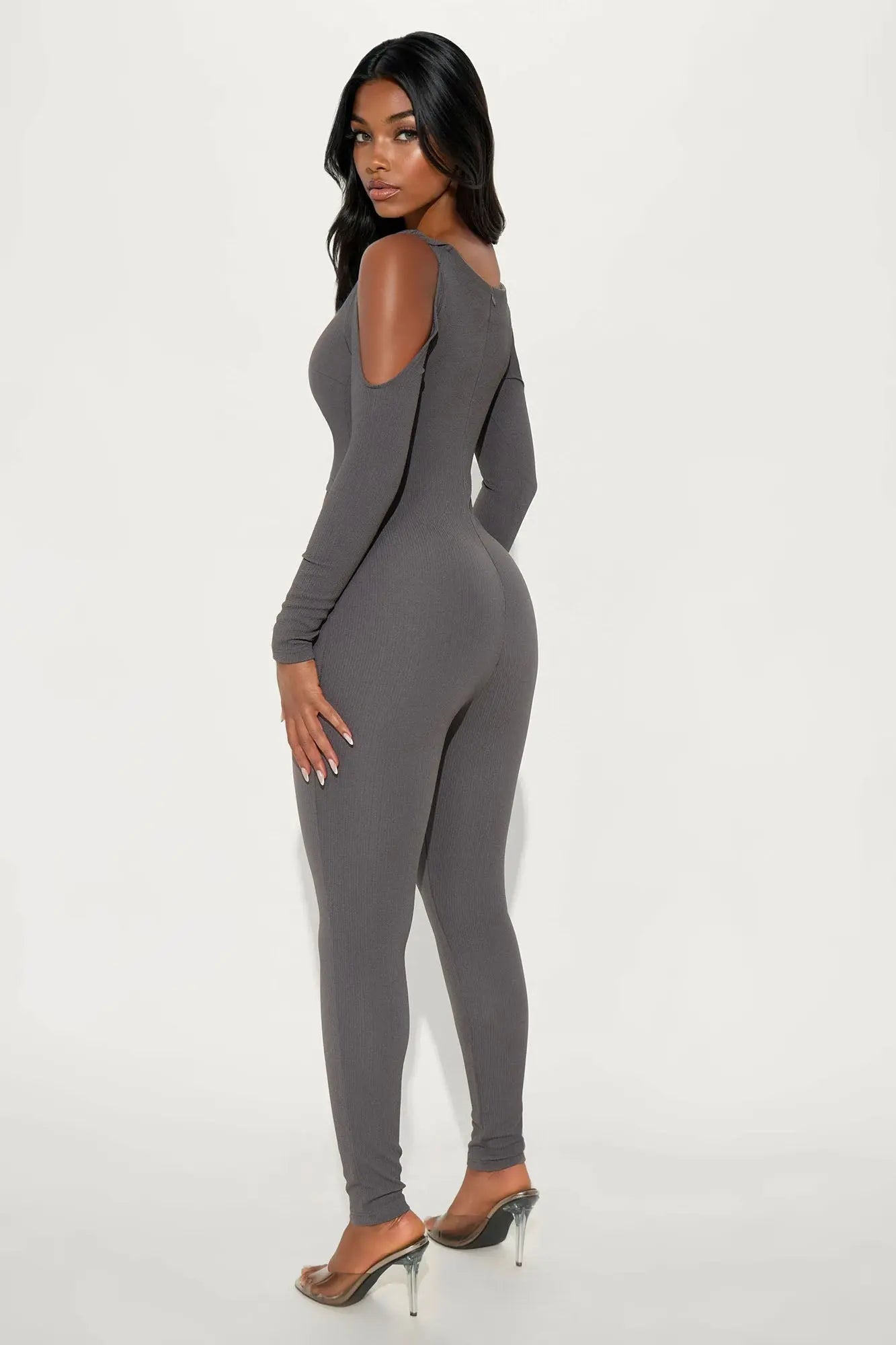 Sabrina Ribbed Long Sleeve Jumpsuit - Grey
