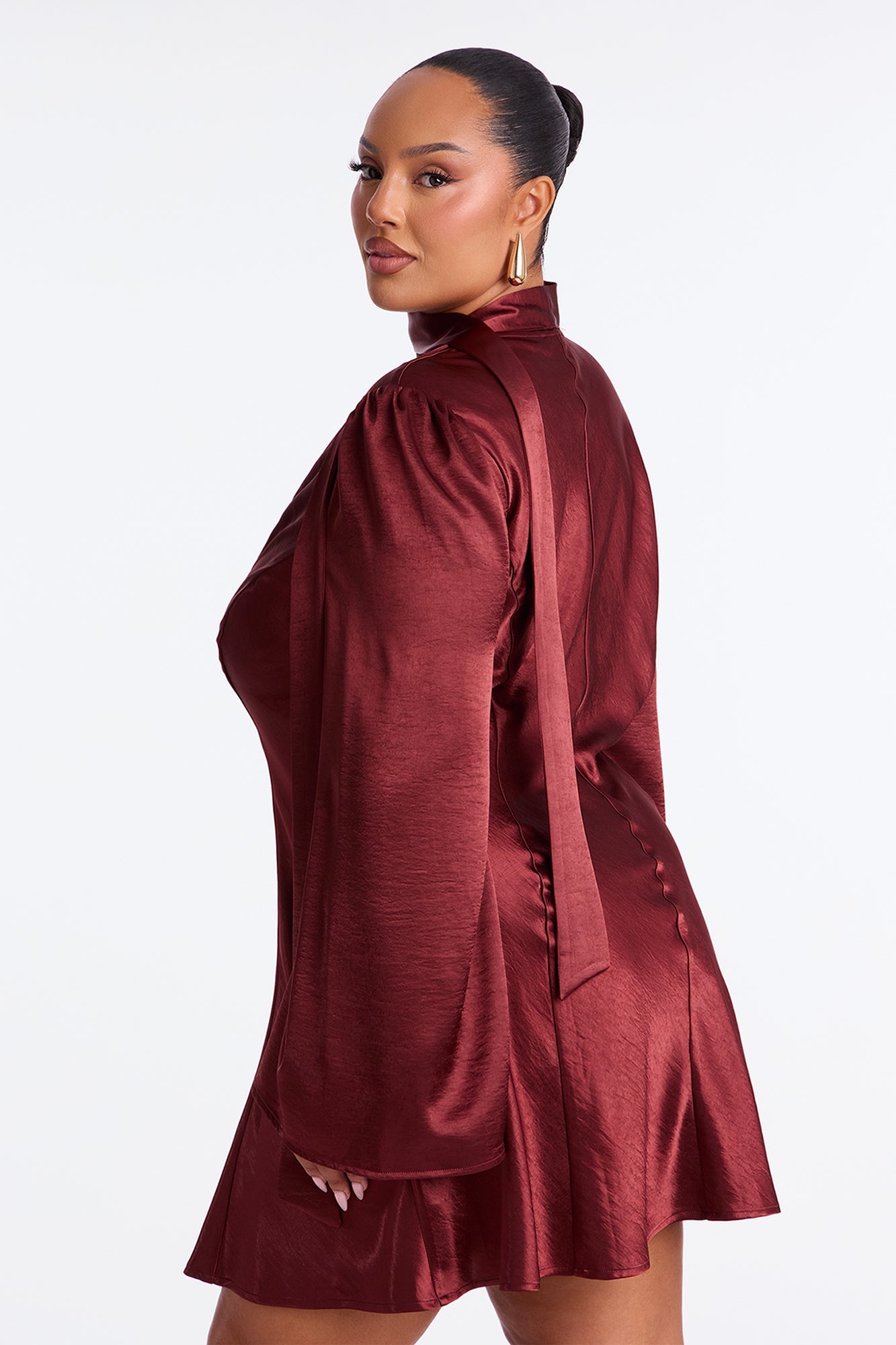 Jasmine Bell Sleeve Satin Mini Dress - Burgundy
