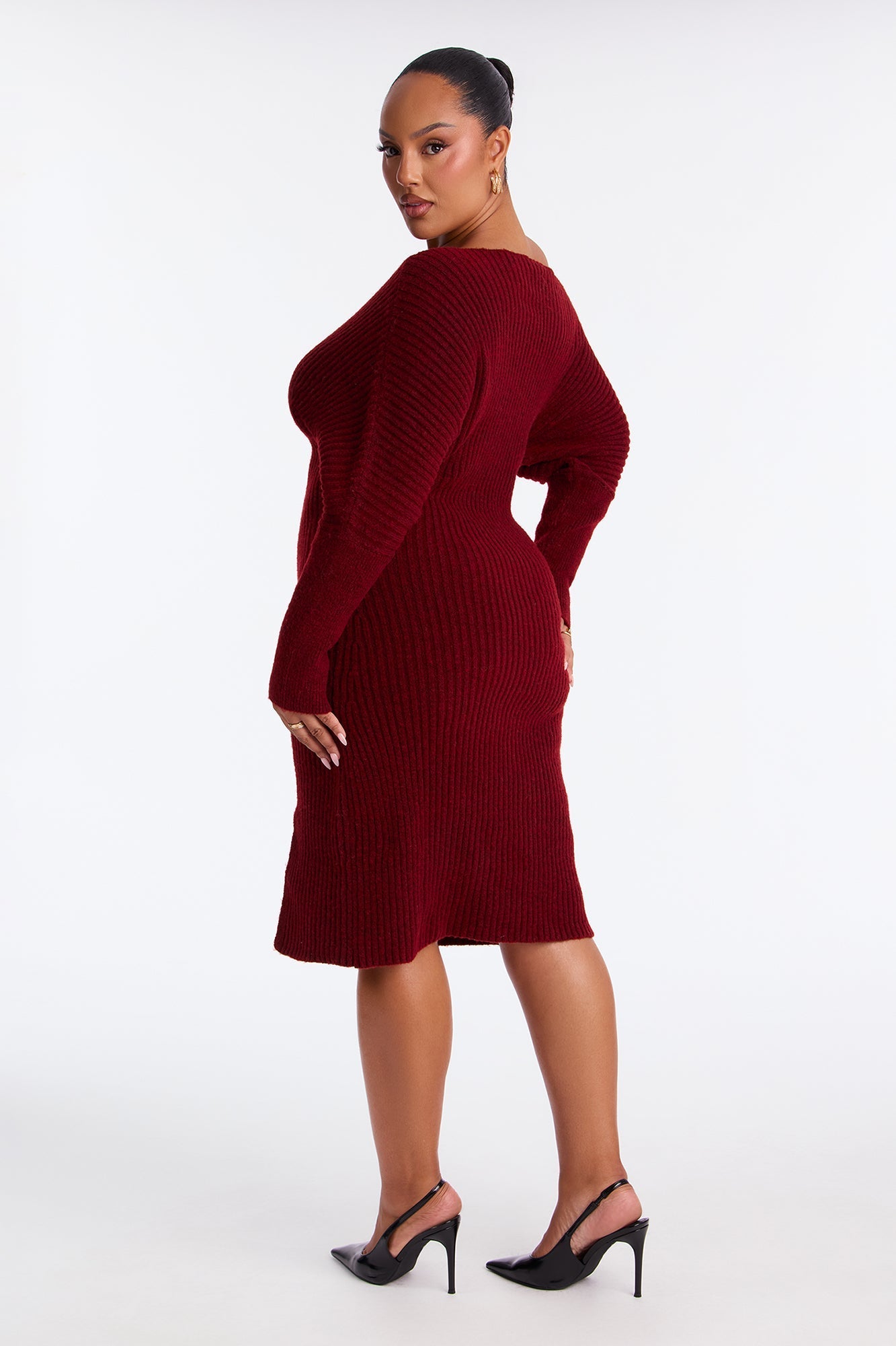 Autumn Leaves One Shoulder Sweater Midi Dress - Burgundy
