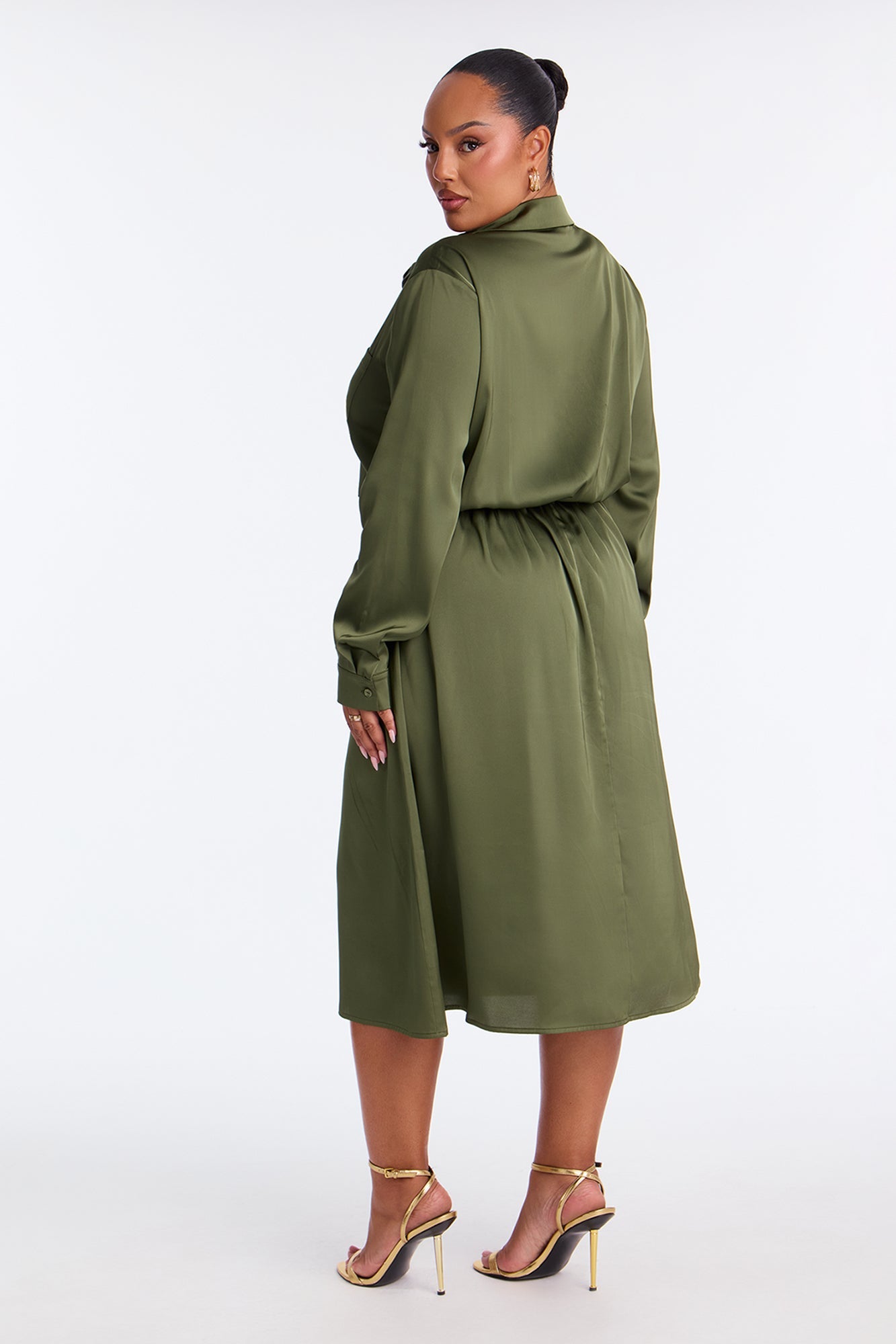 Lori Long Sleeve Satin Midi Dress - Olive