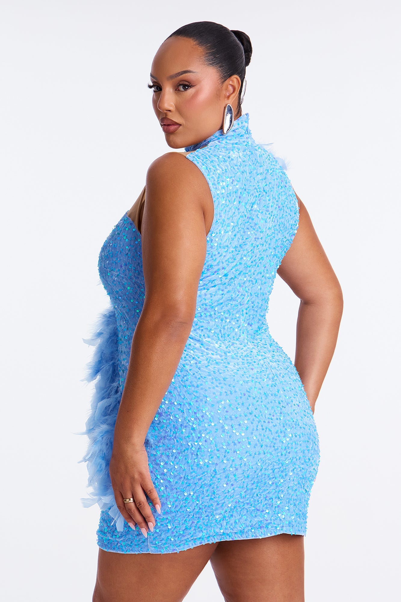 Party Time Feather Sequin Velvet Mini Dress - Blue