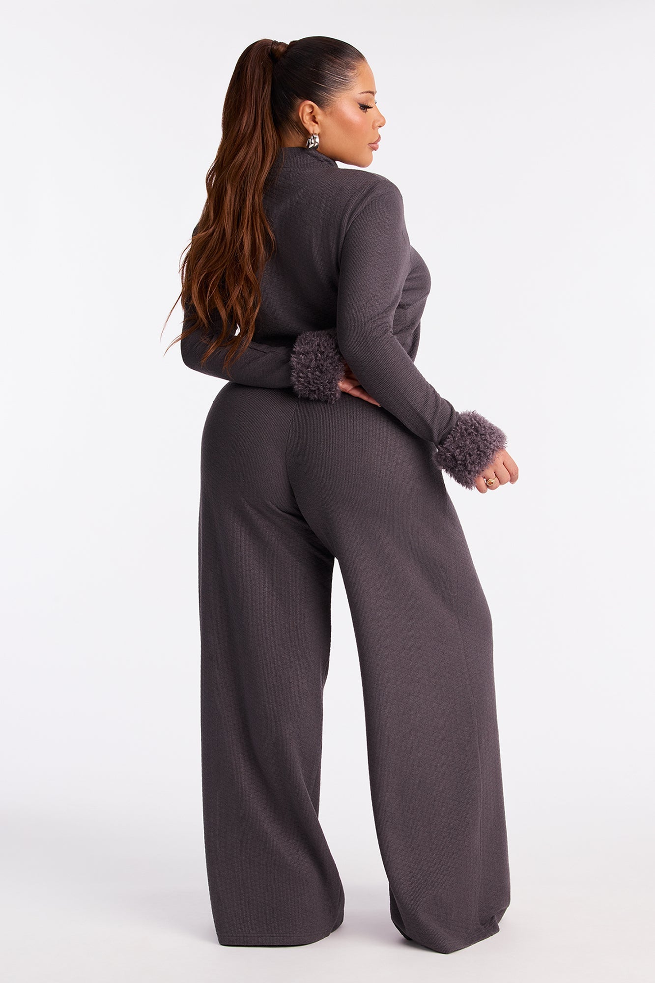 Delilah Faux Fur Trim Pant Set - Charcoal