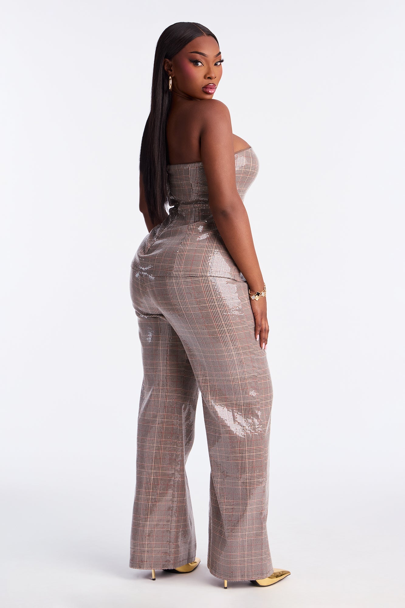 It Girl Sequin Plaid Strapless Jumpsuit - Brown/combo