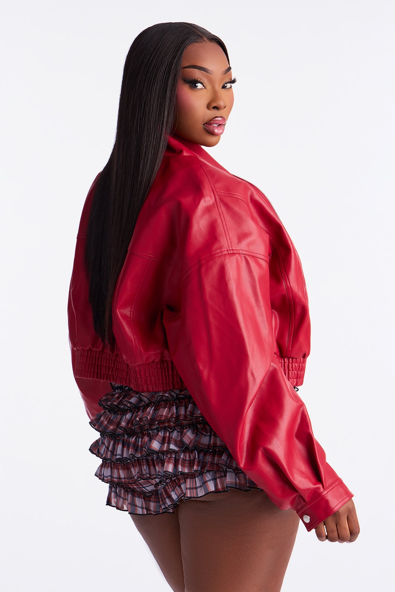 Show Stopper Cropped Faux Leather Bomber Jacket - DarkRed