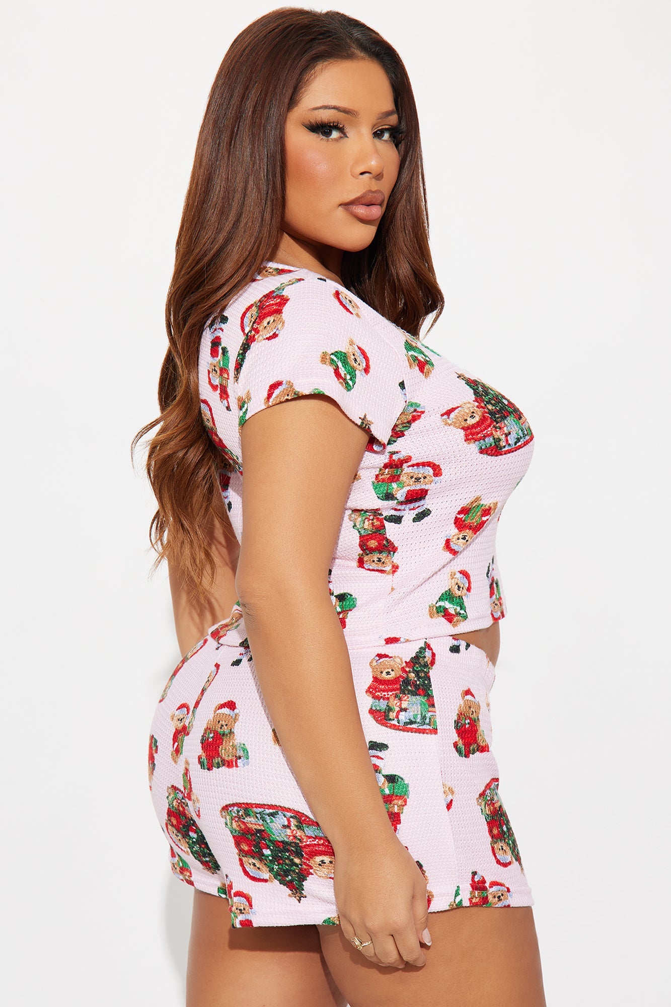 Christmas Teddy Bears Waffle Short Sleeve PJ Boxer Short Set - Pink