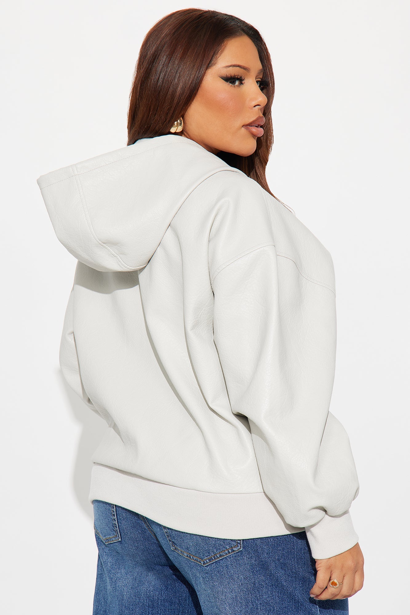 Alix Faux Leather Oversized Bomber Jacket - Light Grey