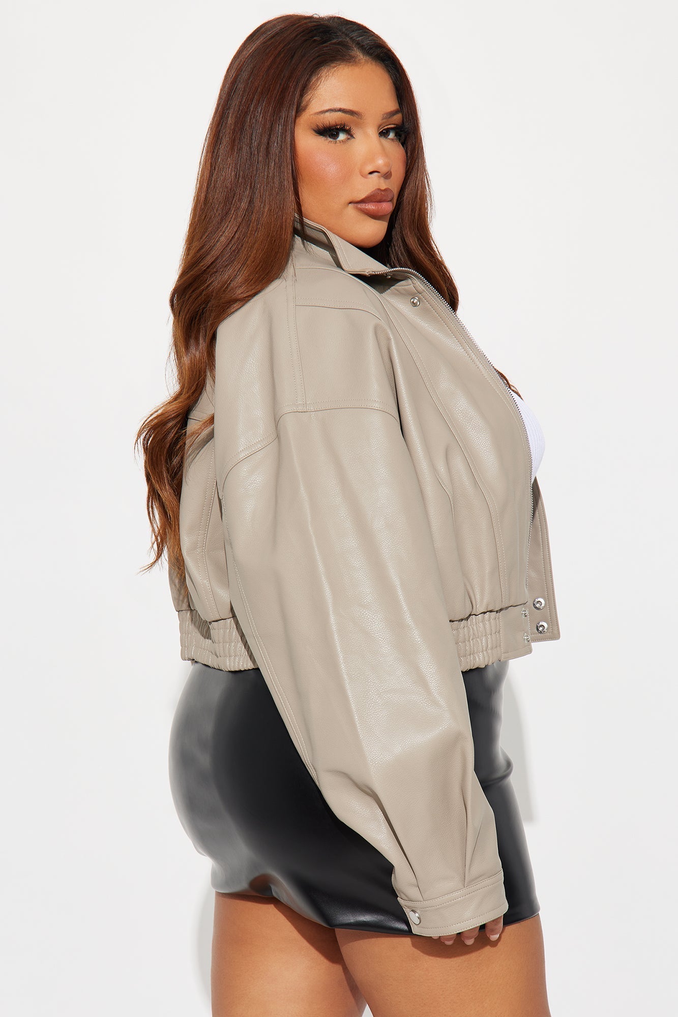 Show Stopper Cropped Faux Leather Bomber Jacket - Taupe