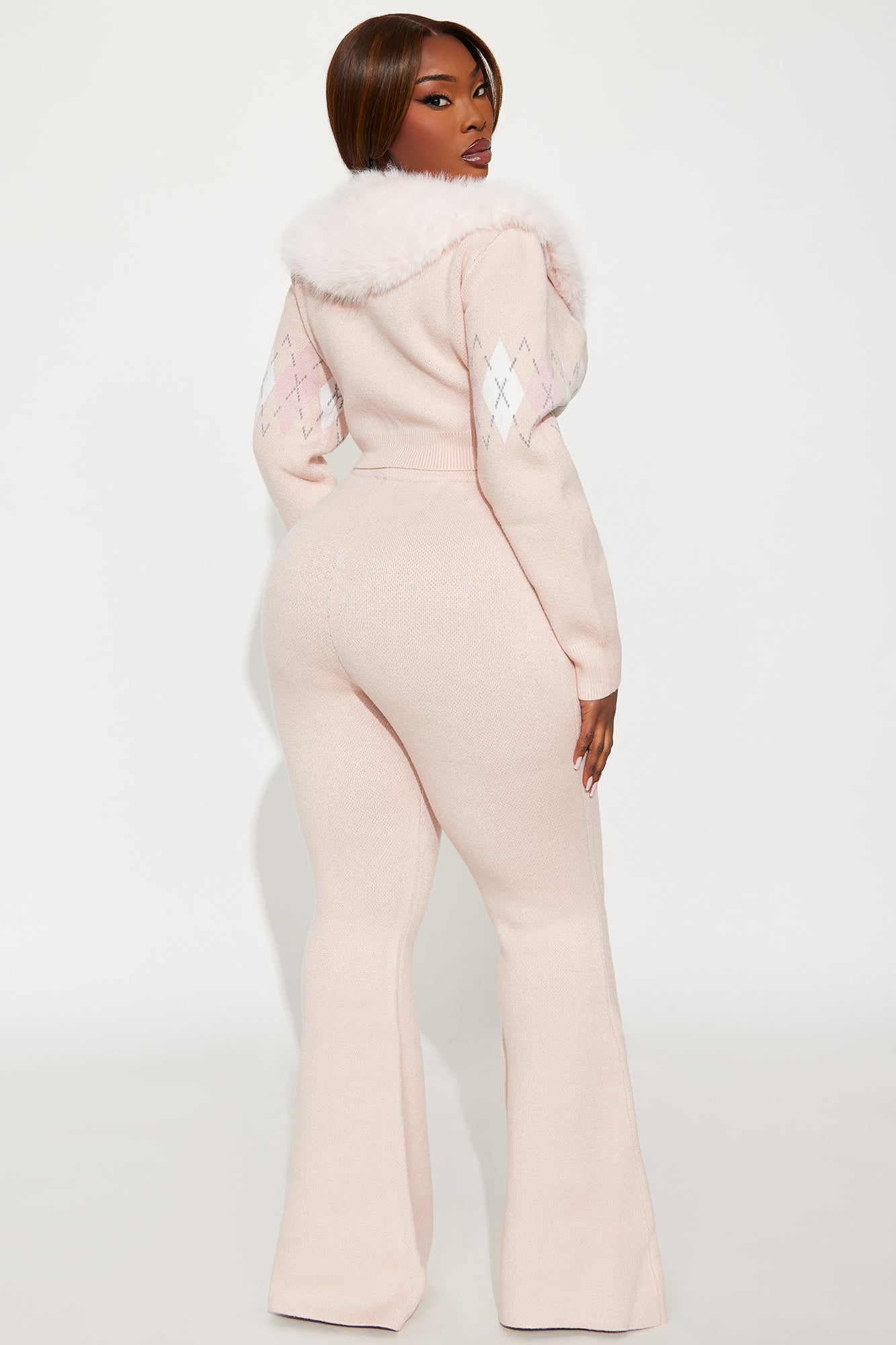 Feminine Touch Fur Collar Sweater Pant Set - Pink