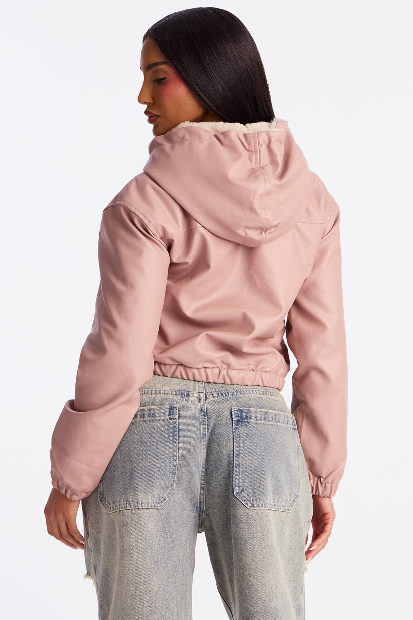 Sammie Fur Hood Faux Leather Jacket - Blush