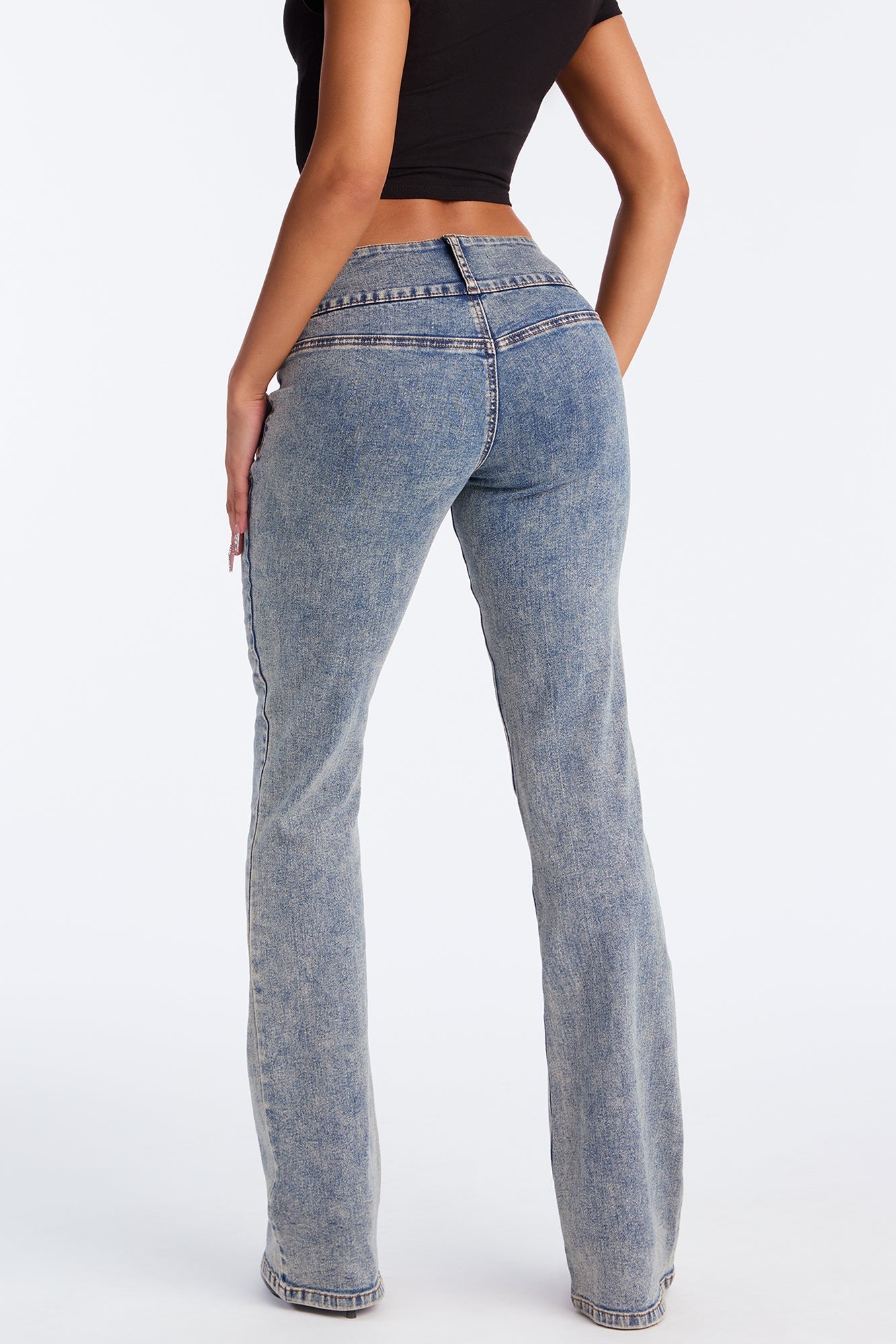 Star Studded Belted Low Rise Bootcut Jeans - Acid Wash Blue