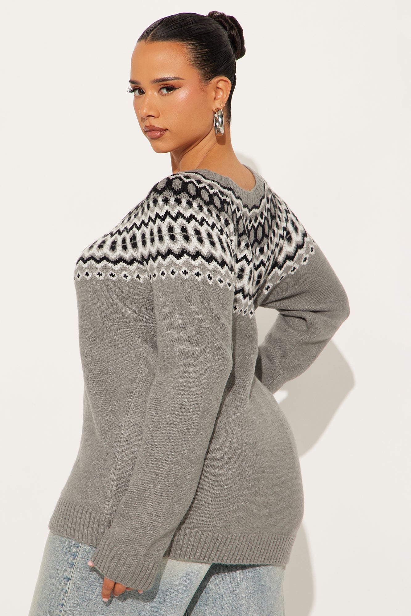 Jilli Fair Isle Pullover Sweater - Heather Grey