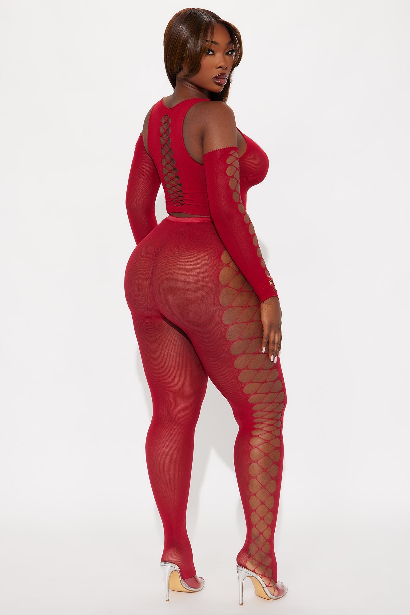 Night Out Sheer Cut 3 Piece Bodystocking Set - Red