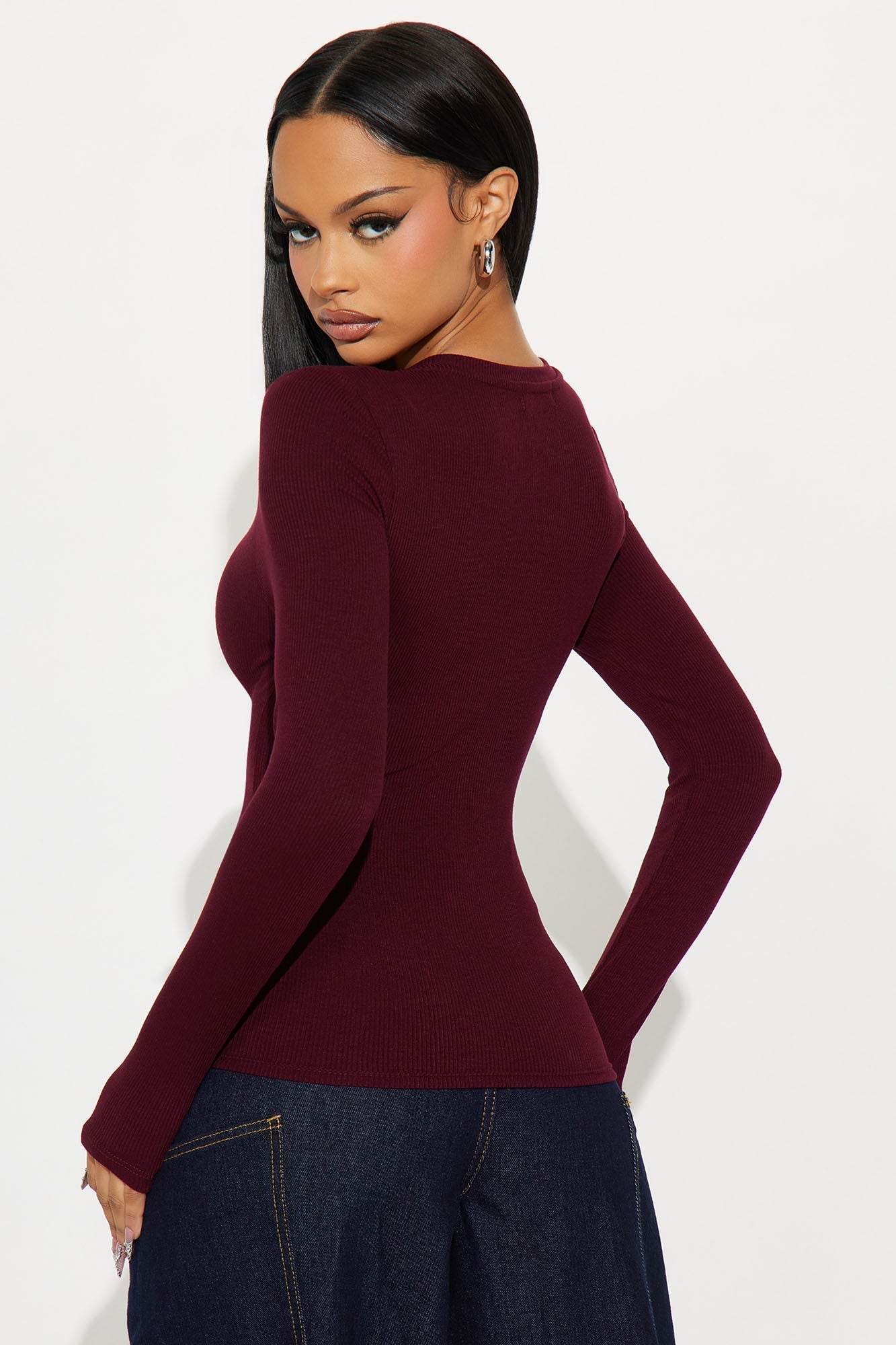 Mielle Crew Neck Ribbed Long Sleeve Top - Burgundy