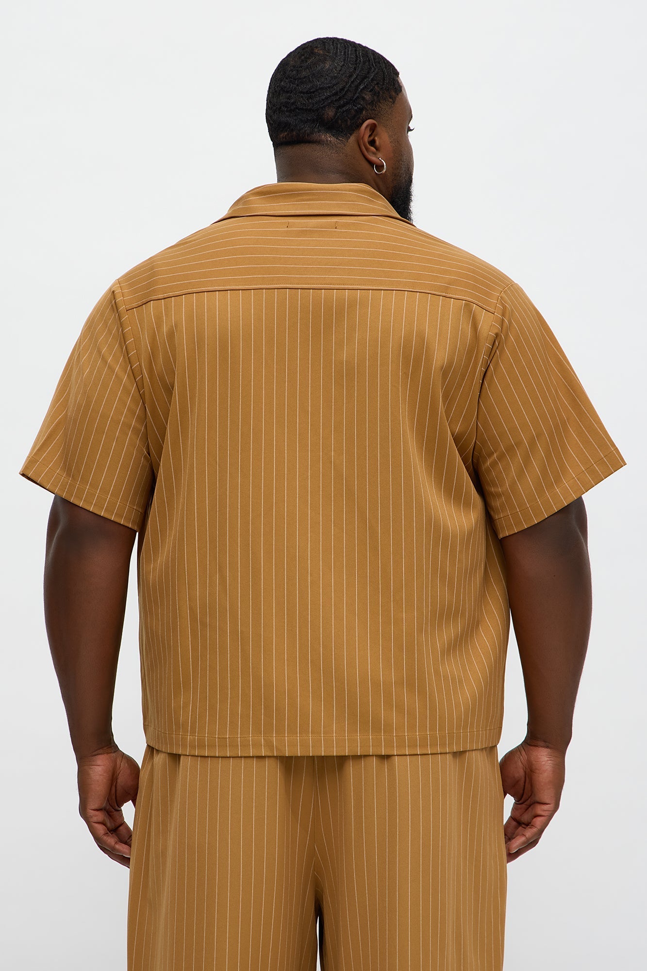 Cropped Short Sleeve Straight Striped Button Up Shirt - Yellow