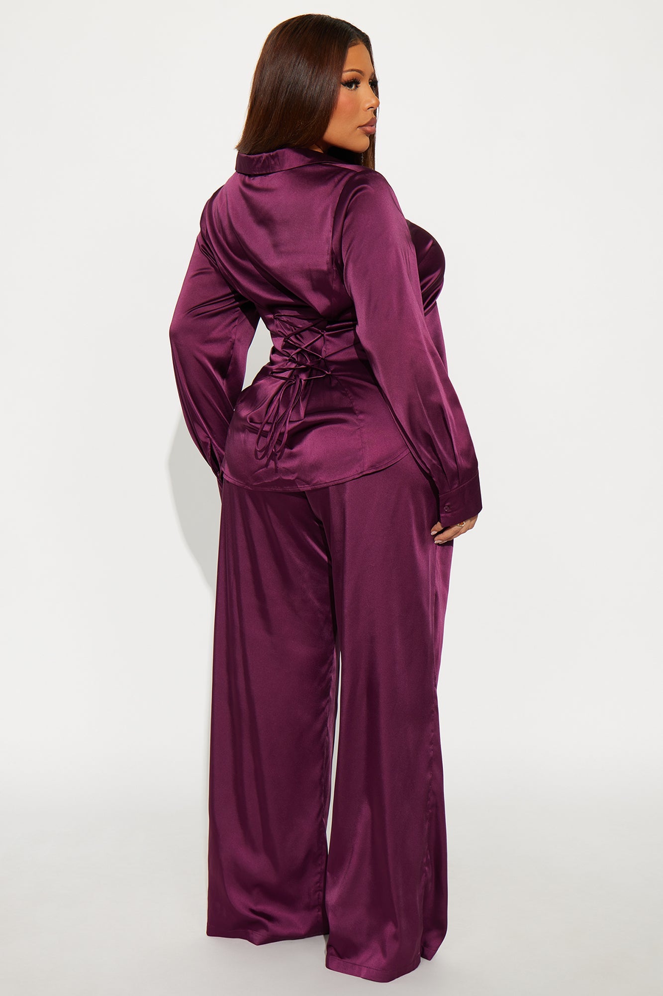 Sienna Fitted Satin Pant Set - Wine