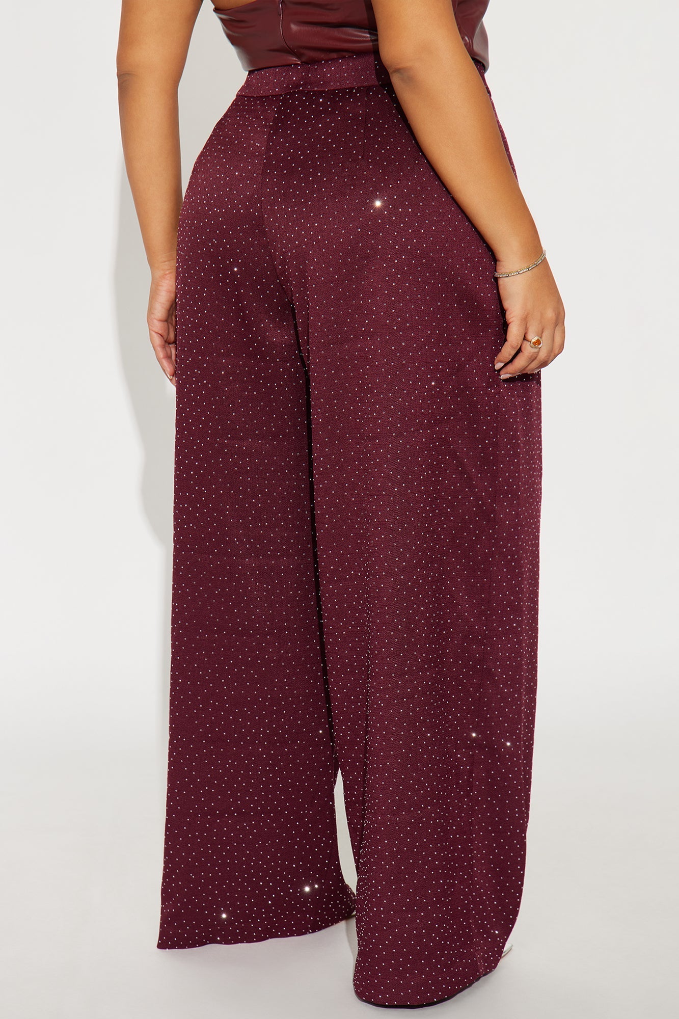 Eyes On Me Rhinestone Wide Leg Pant 32″ - Wine