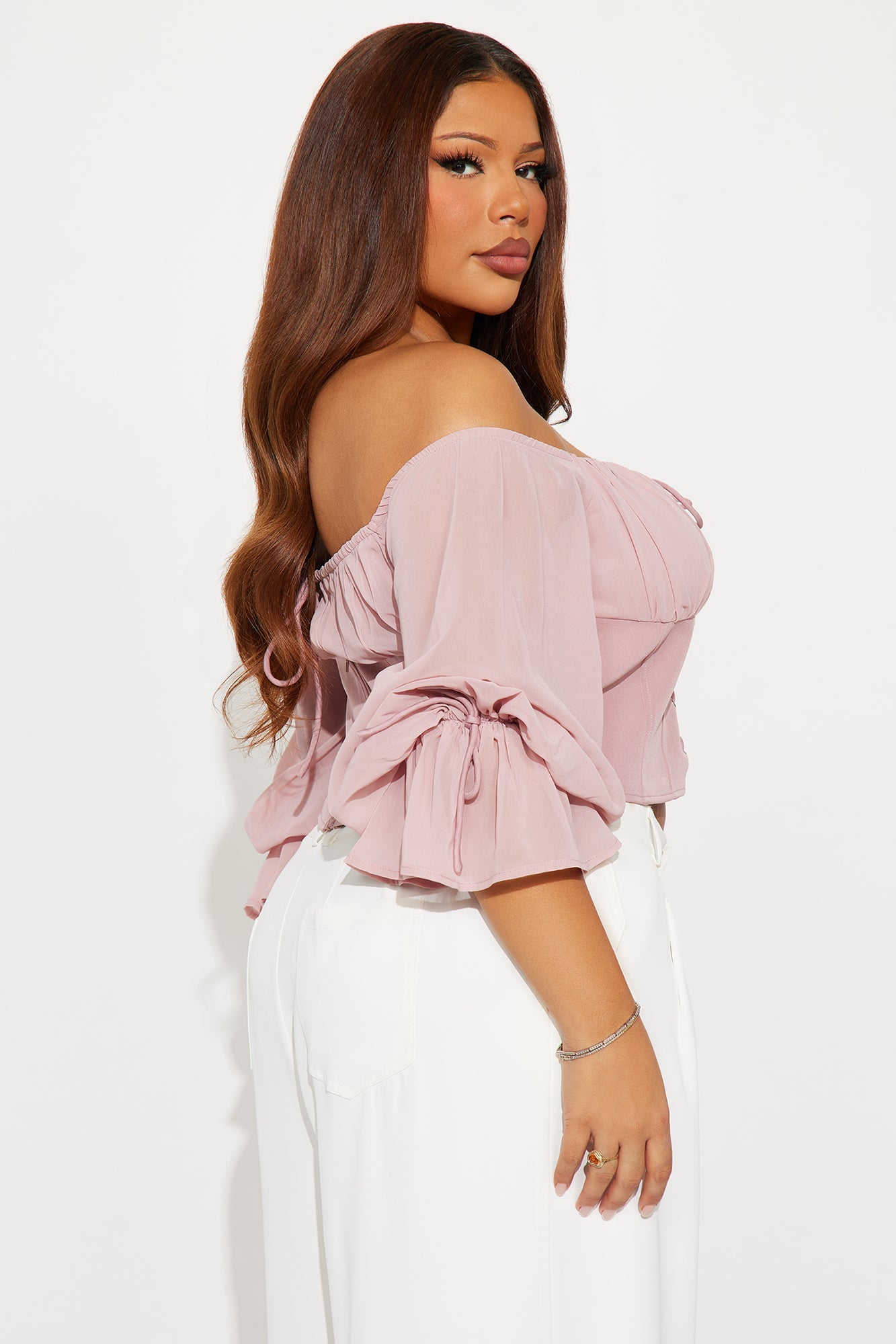 Shore Line Off Shoulder Chiffon Top - Mauve