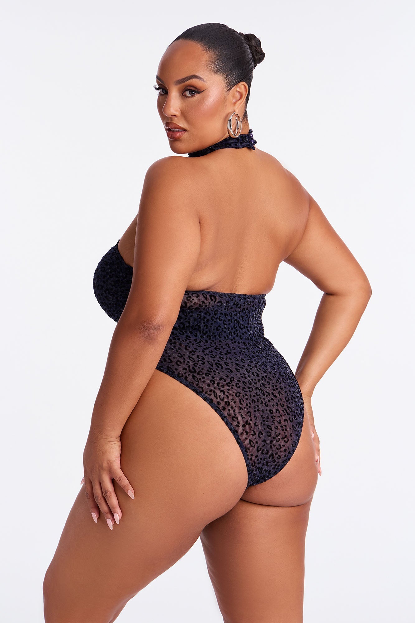 Winnie Flocked Halter Bodysuit - Navy/combo