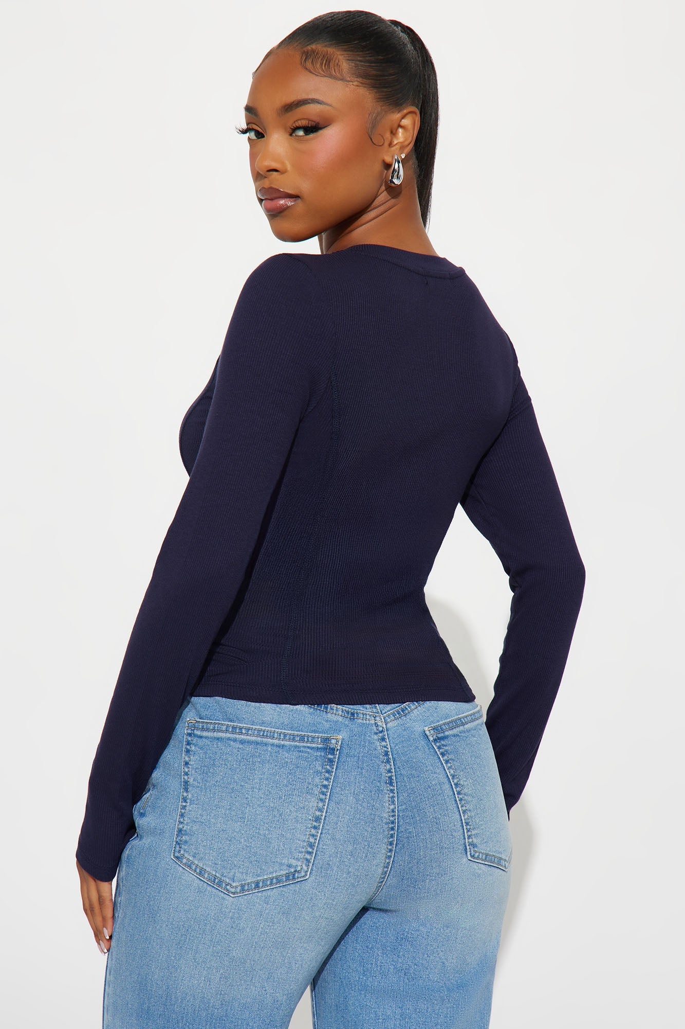 Mina Henley Long Sleeve Top - Navy