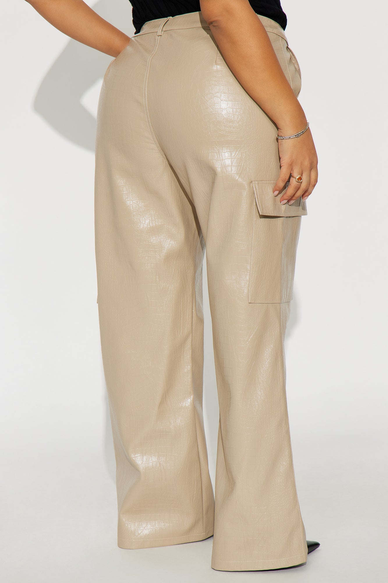 No Competition Here Faux Leather Wide Leg Croc Pant 33 - Bone