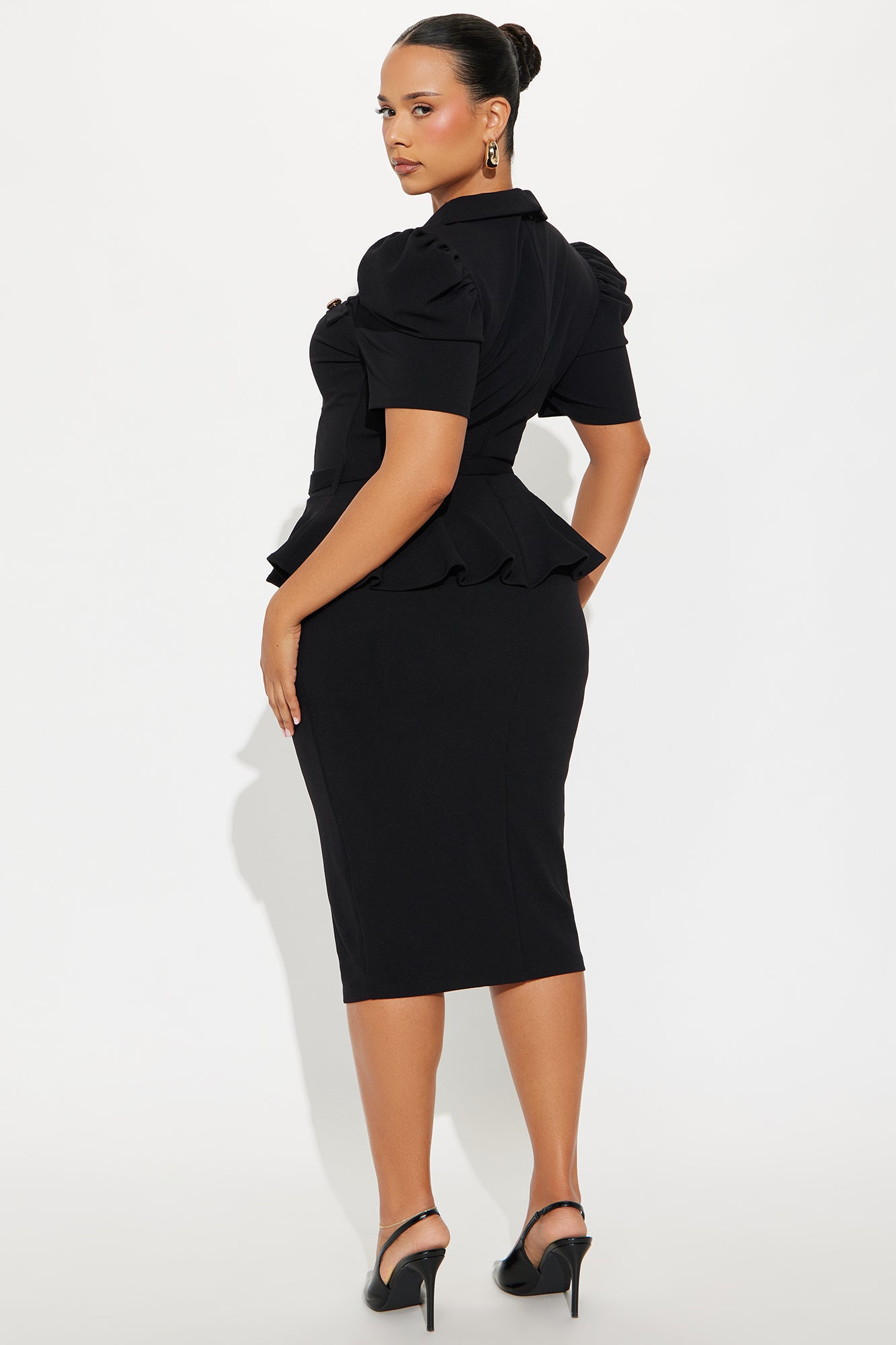 Kathryn Ruffle Sleeve Crepe Knit Midi Dress - Black