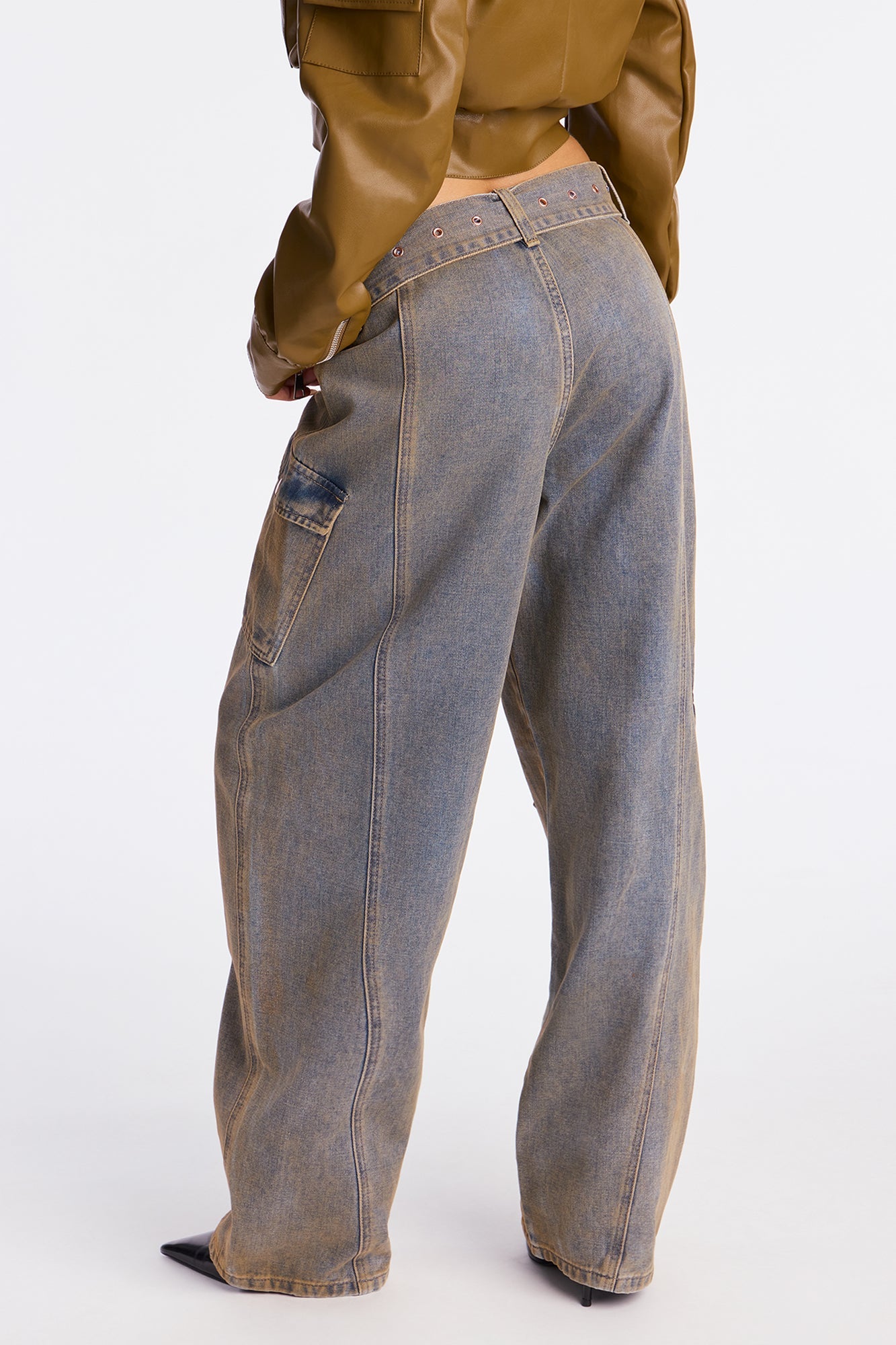 Rosarito Tinted Cargo Belted Jeans - Vintage Wash