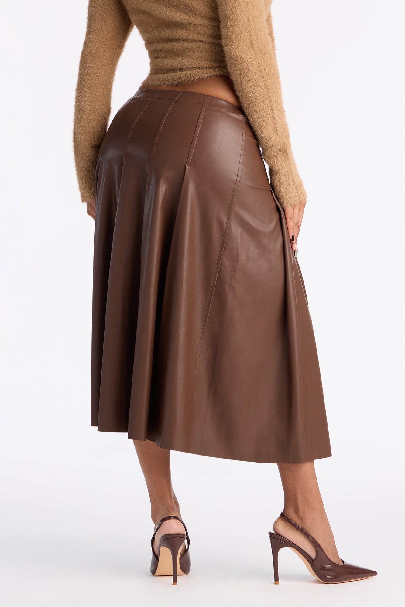 Kylie Belted Faux Leather Midi Skirt - Cognac