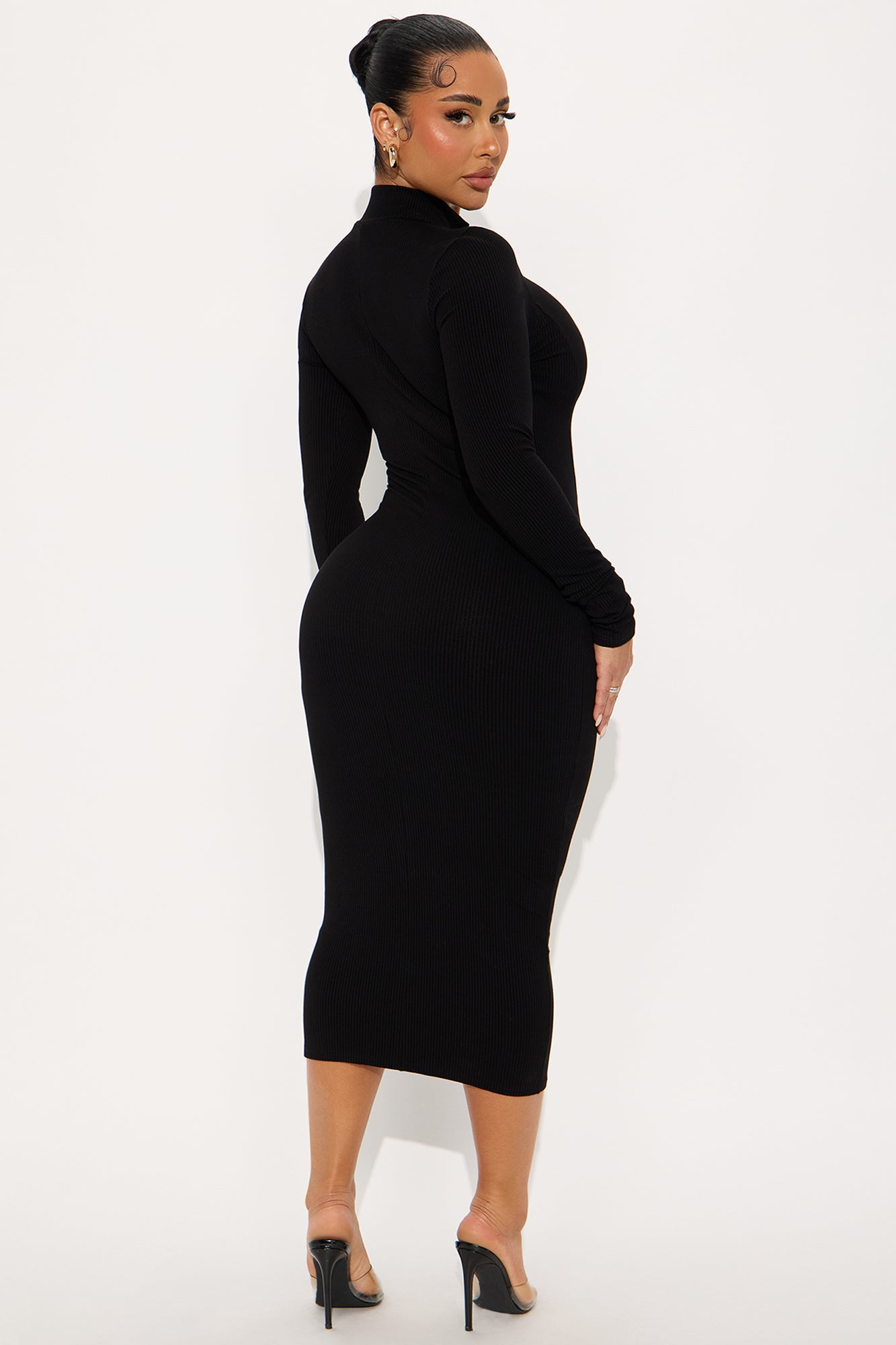 Mia Zip Long Sleeve Snatched Midi Dress - Black