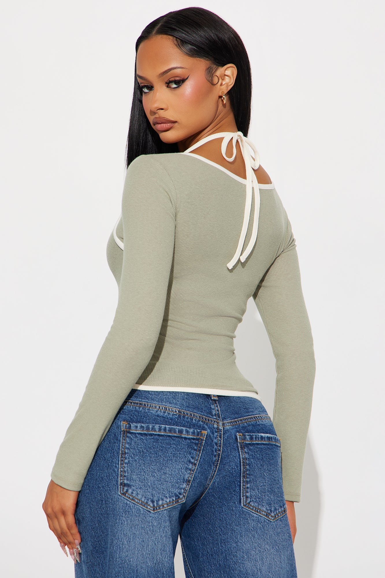 Terra Ribbed Long Sleeve Baby Tee - Sage/combo