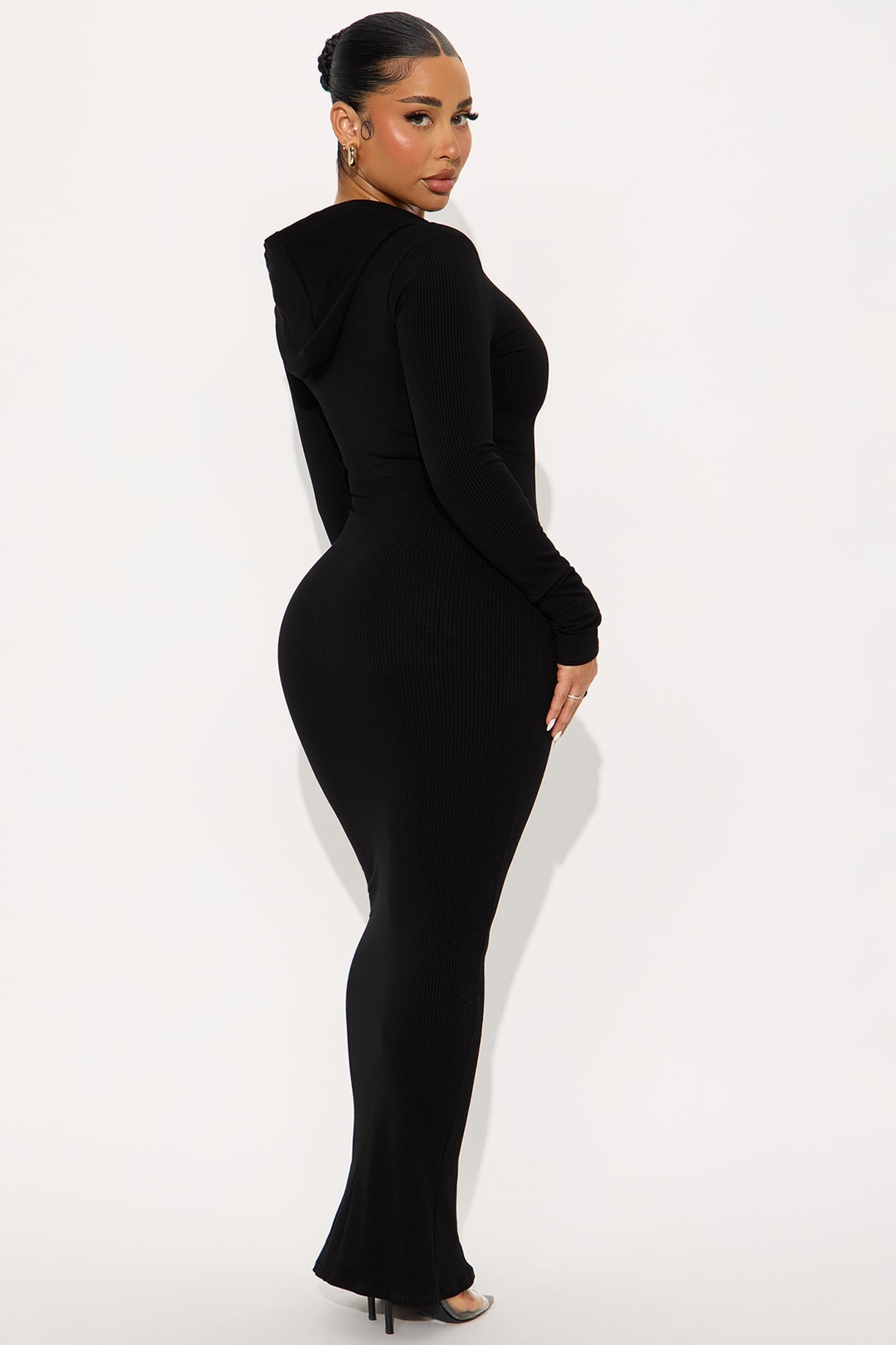 Lila Hooded Snatched Maxi Dress - Black