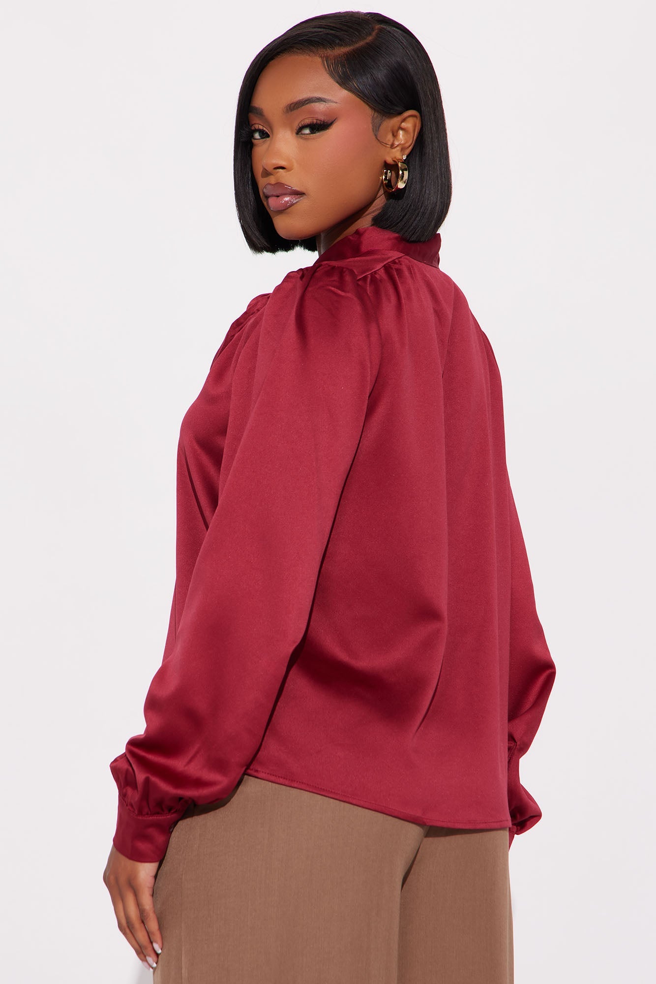 True Connections Neck Tie Satin Top - Burgundy