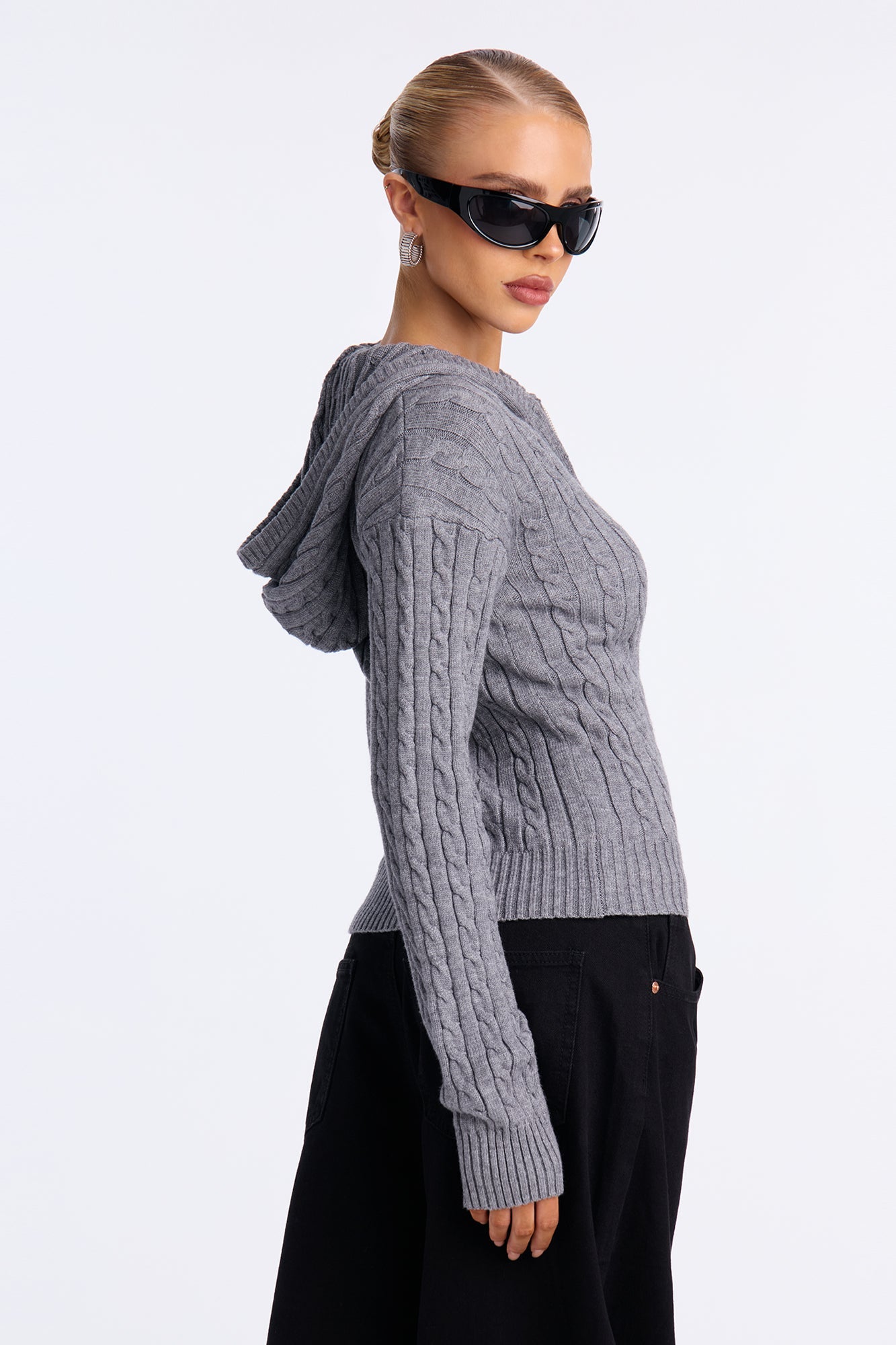 Leina Cable Knit Hooded Cardigan - Heather Grey