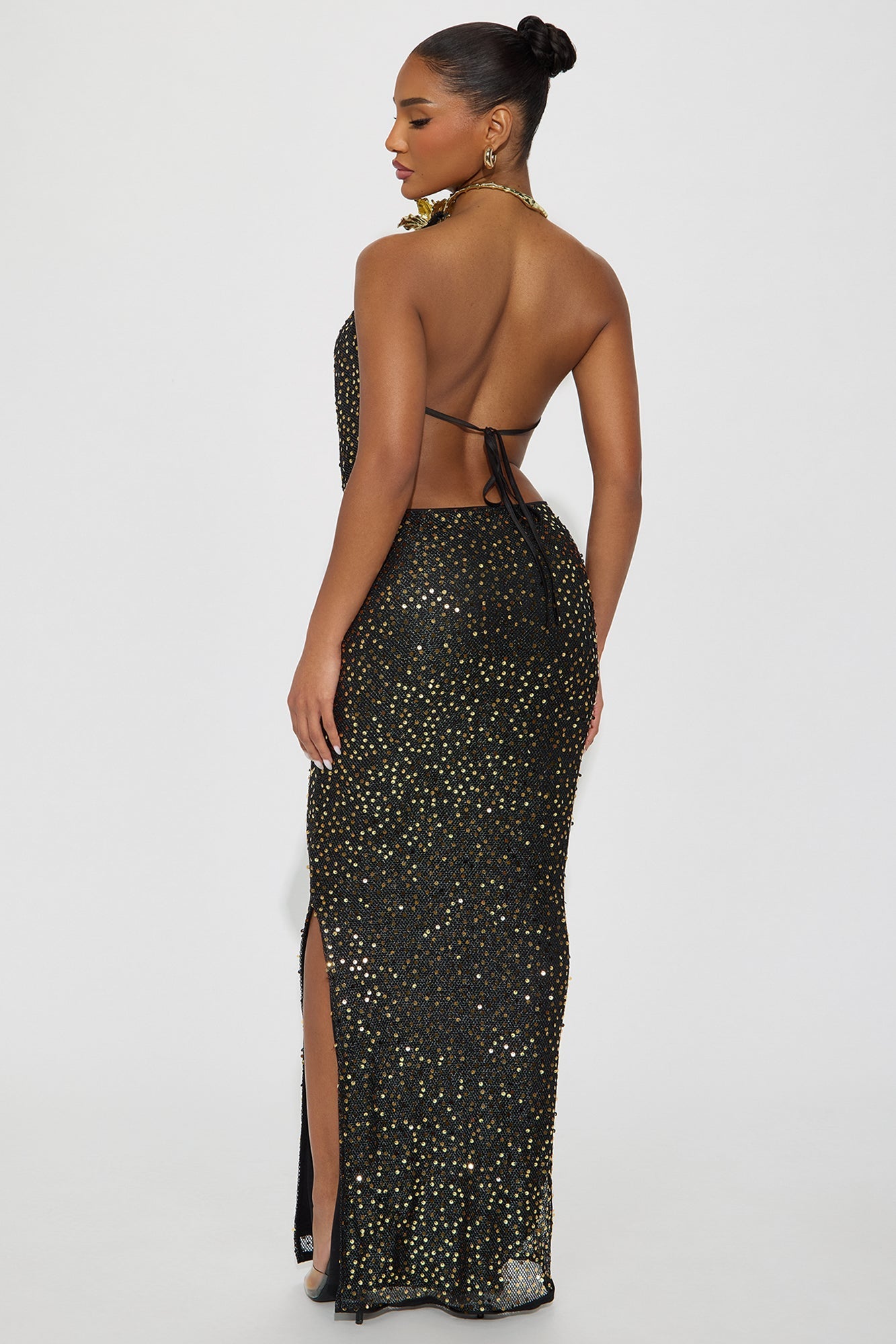 Amaya Sequin Wire Neck Halter Skirt Set - Black