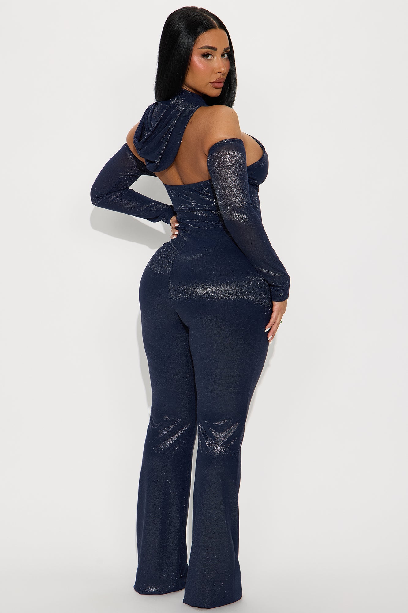 Dark Romance Metallic Hoodie Jumpsuit - Navy