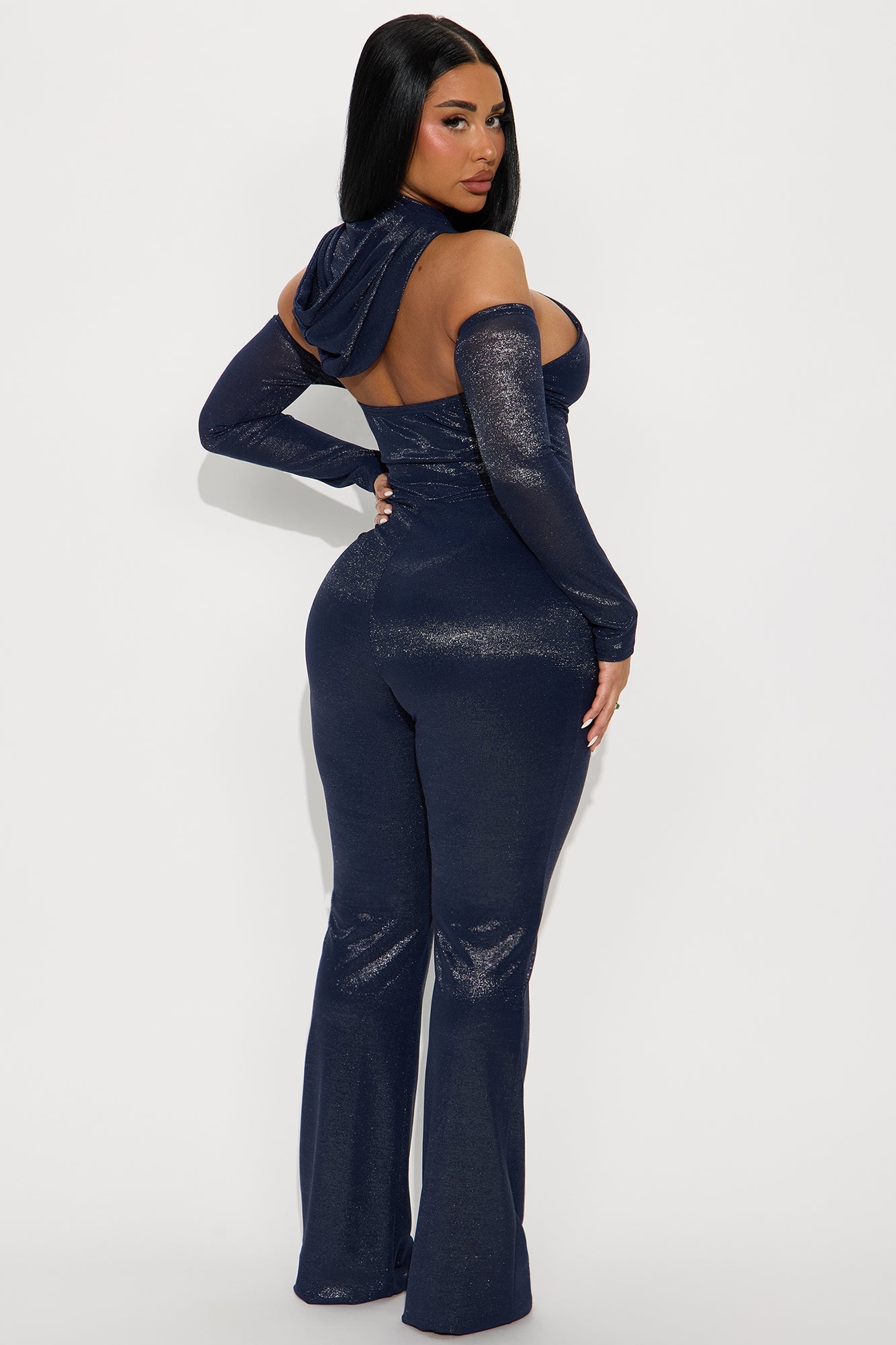 Dark Romance Metallic Hoodie Jumpsuit - Navy