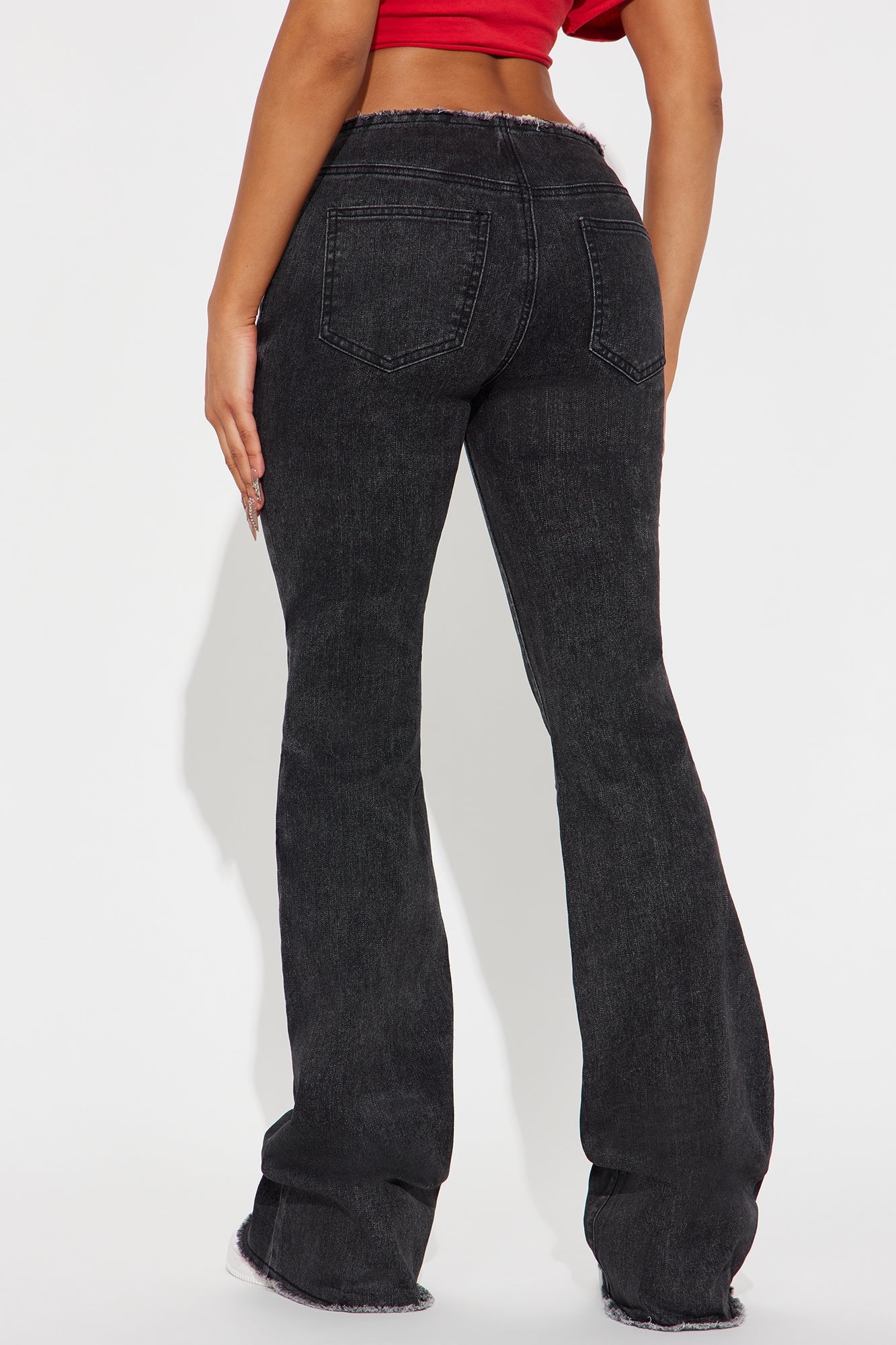 Kali Cut Off Waistband Flare Leg Jeans - Black Wash