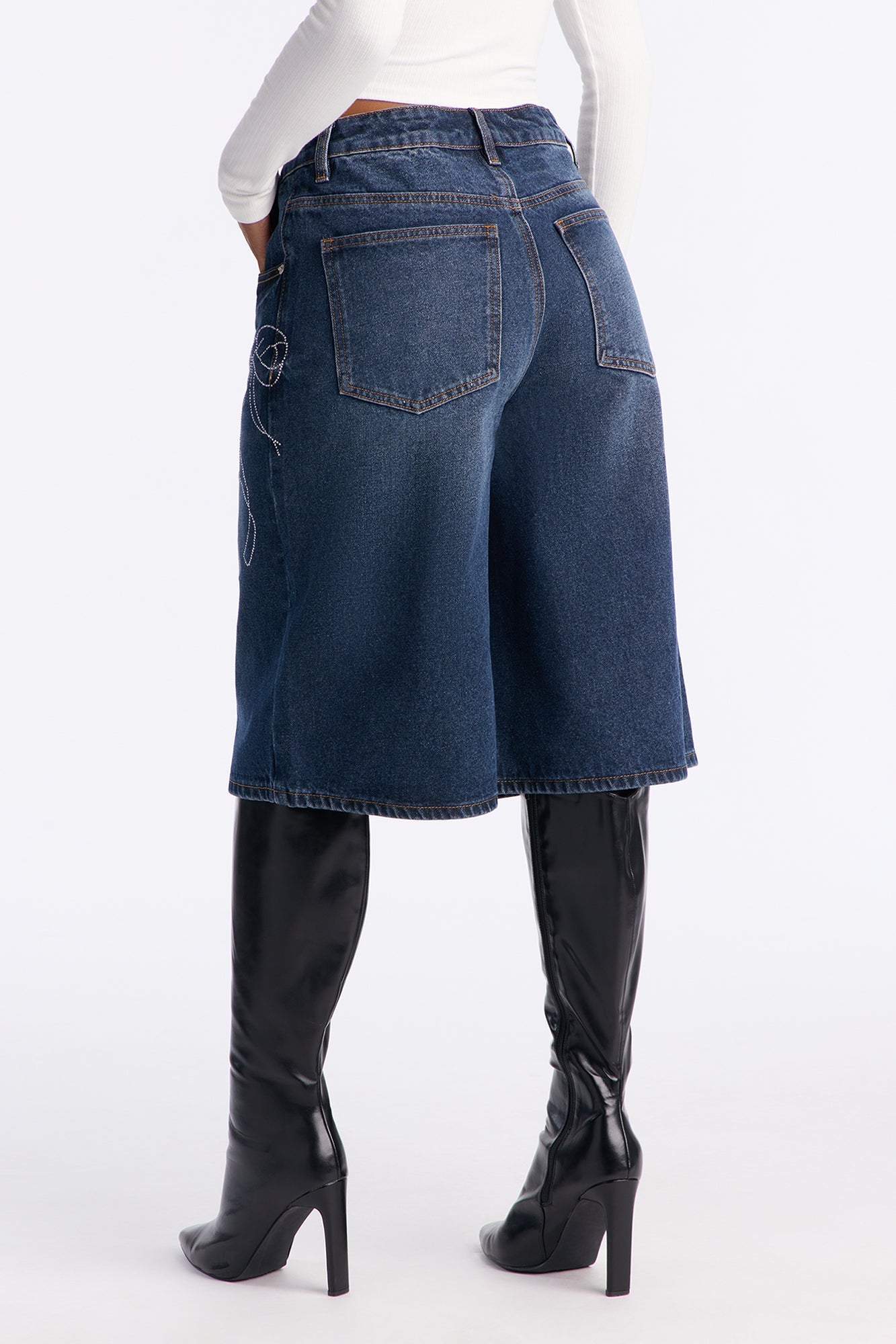 Fanciful Embellished Bow Denim Jorts - Dark Wash