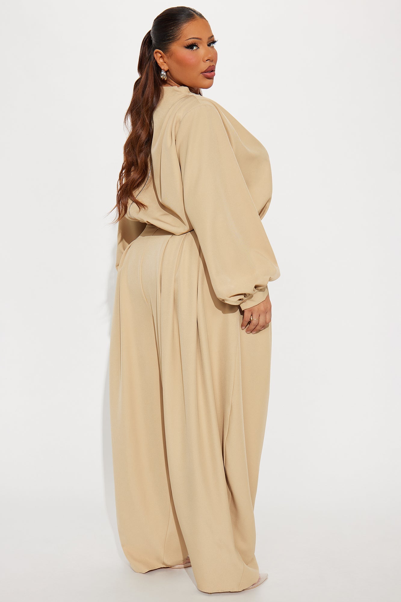 Inez Long Sleeve Pleated Balloon Pant Set - Khaki