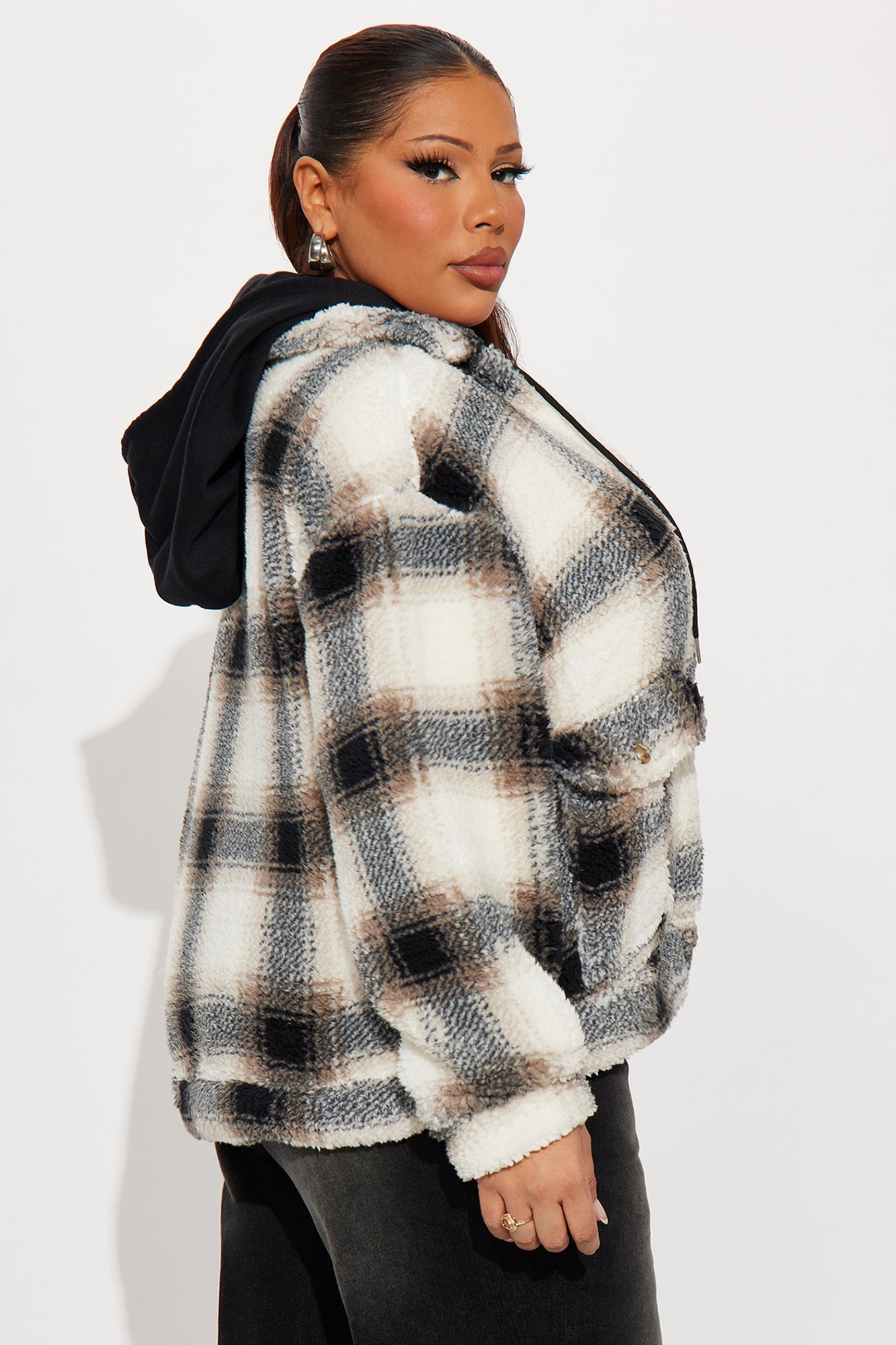 Out Of Town Plaid Sherpa Shacket - Black/combo