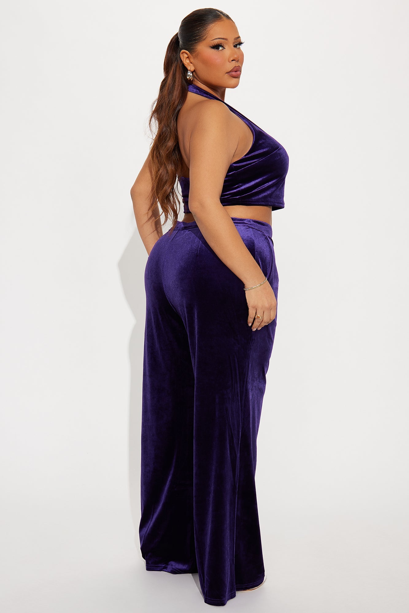 Ava Velvet Halter Pant Set - Eggplant